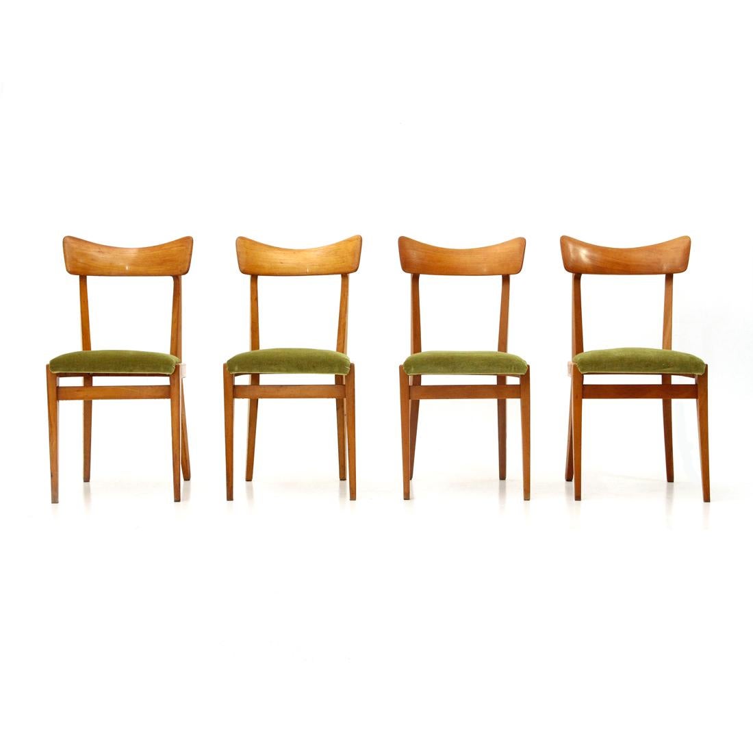 4 Midcentury Green Velvet and Wood Italian Dining Chairs, 1950s In Good Condition In Savona, IT