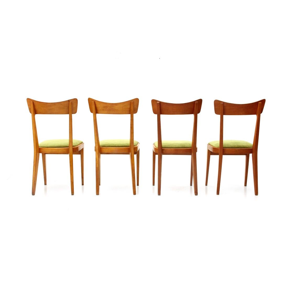 Mid-20th Century 4 Midcentury Green Velvet and Wood Italian Dining Chairs, 1950s
