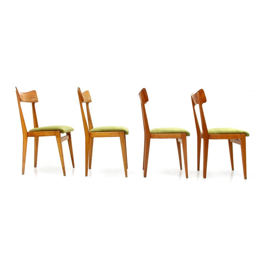 4 Midcentury Green Velvet and Wood Italian Dining Chairs, 1950s 1