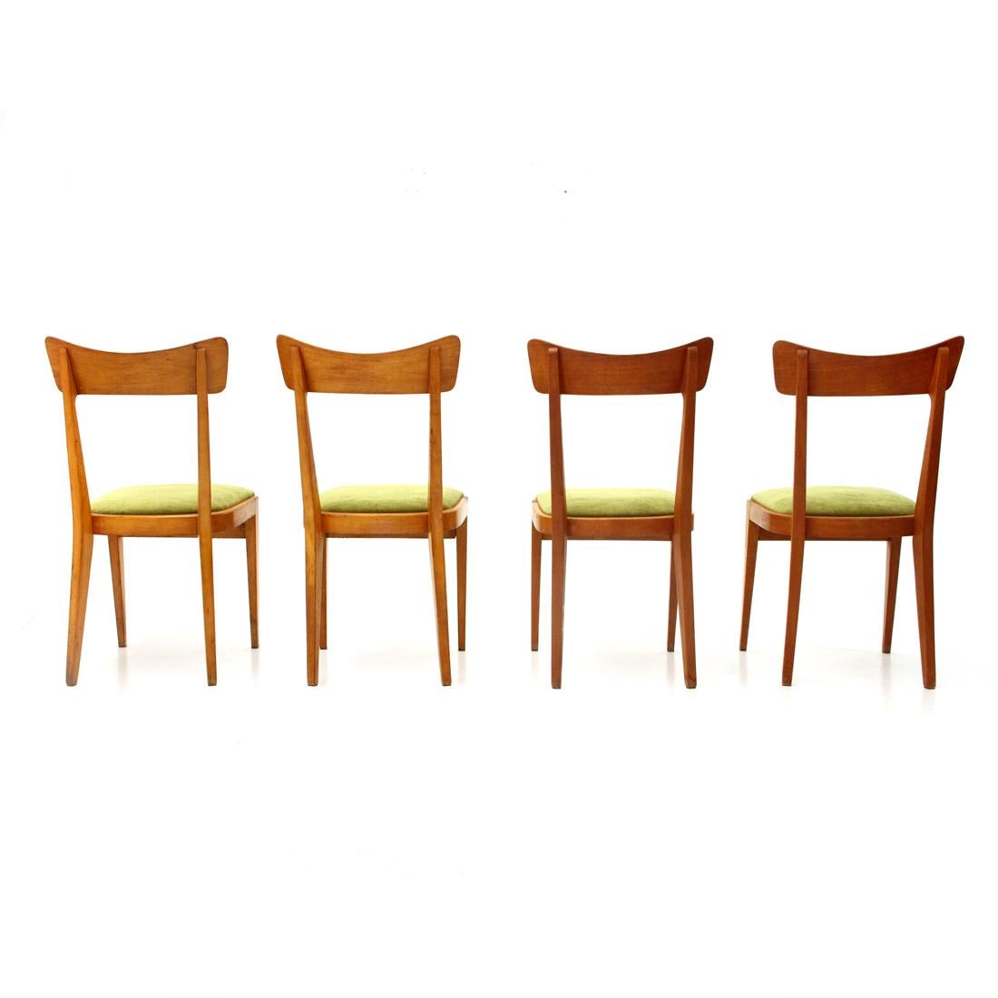 4 Midcentury Green Velvet and Wood Italian Dining Chairs, 1950s 2