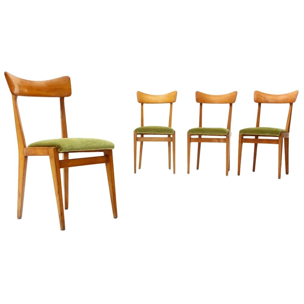 4 Midcentury Green Velvet and Wood Italian Dining Chairs, 1950s