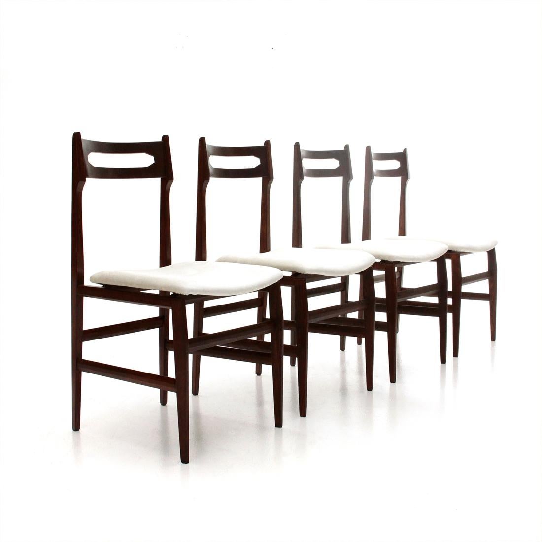 Mid-Century Modern 4 Midcentury White Velvet and Wood Italian Dining Chairs, 1950s