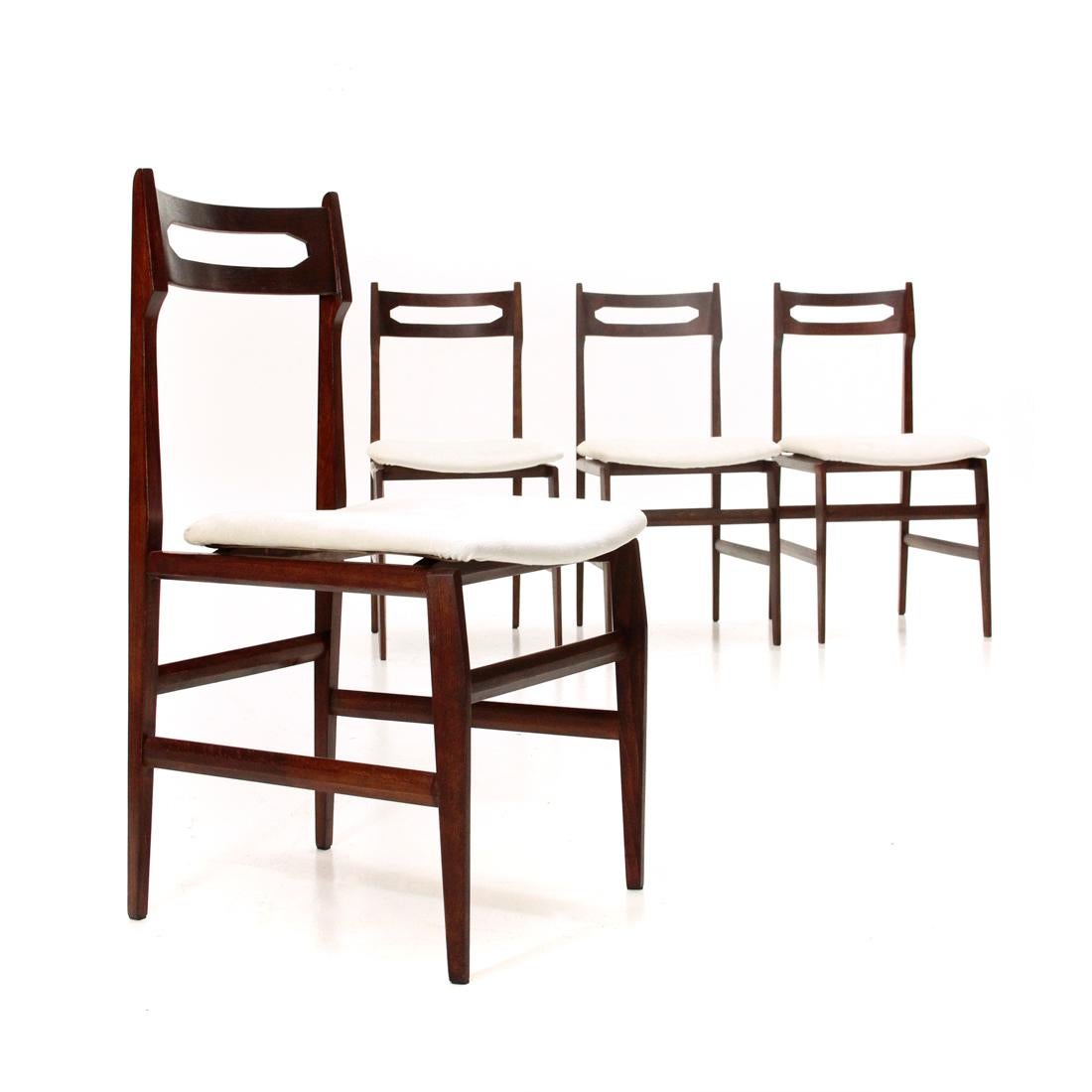 4 Midcentury White Velvet and Wood Italian Dining Chairs, 1950s 1