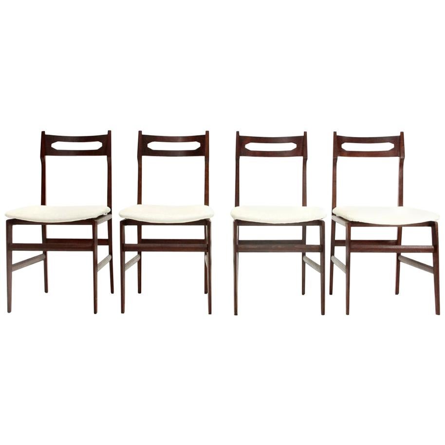 4 Midcentury White Velvet and Wood Italian Dining Chairs, 1950s