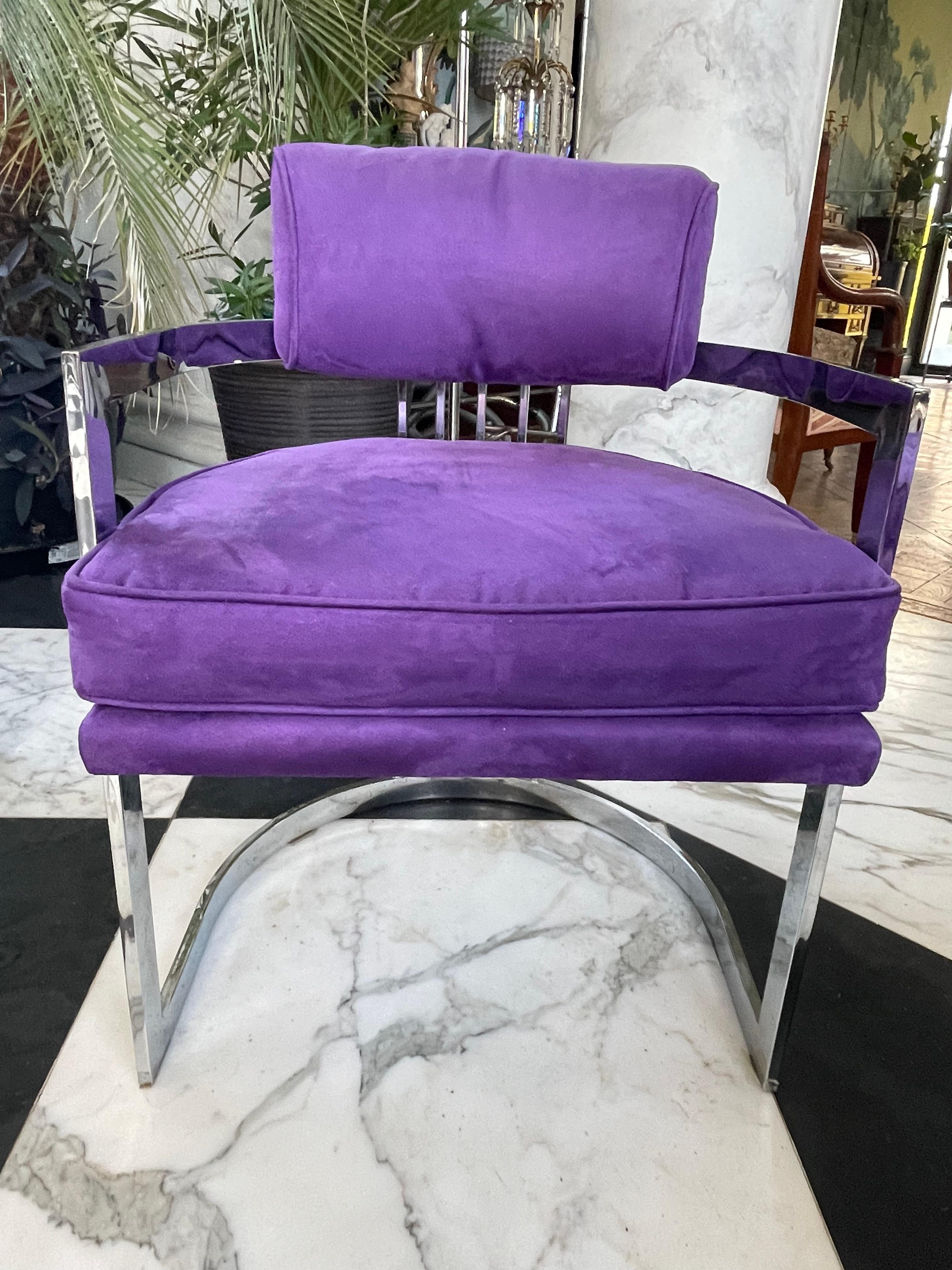 4 Milo Baughman Chrome Chairs in Purple Upholstery  For Sale 3