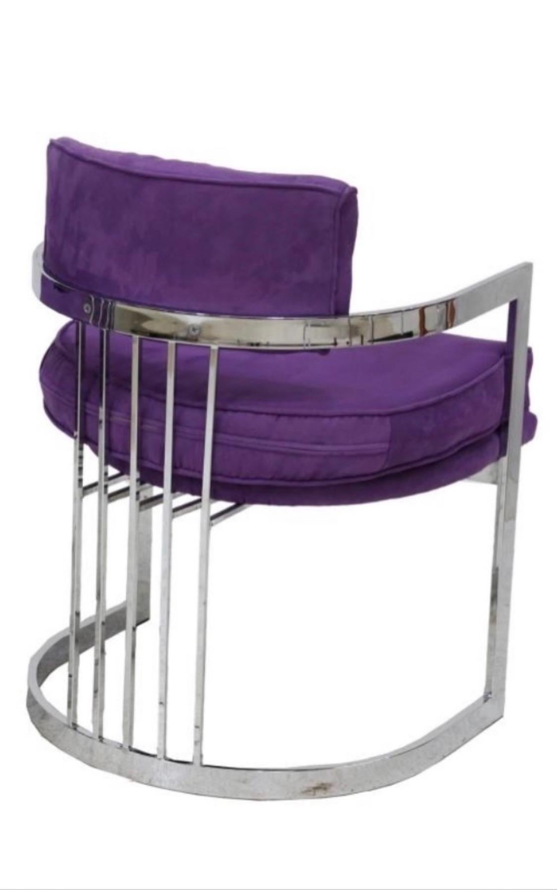 2 Set’s of Milo Baughman for Thayer Coggin Barrel back modernist Chairs. 
Chromed steel frame with an ultra suede purple upholstery.