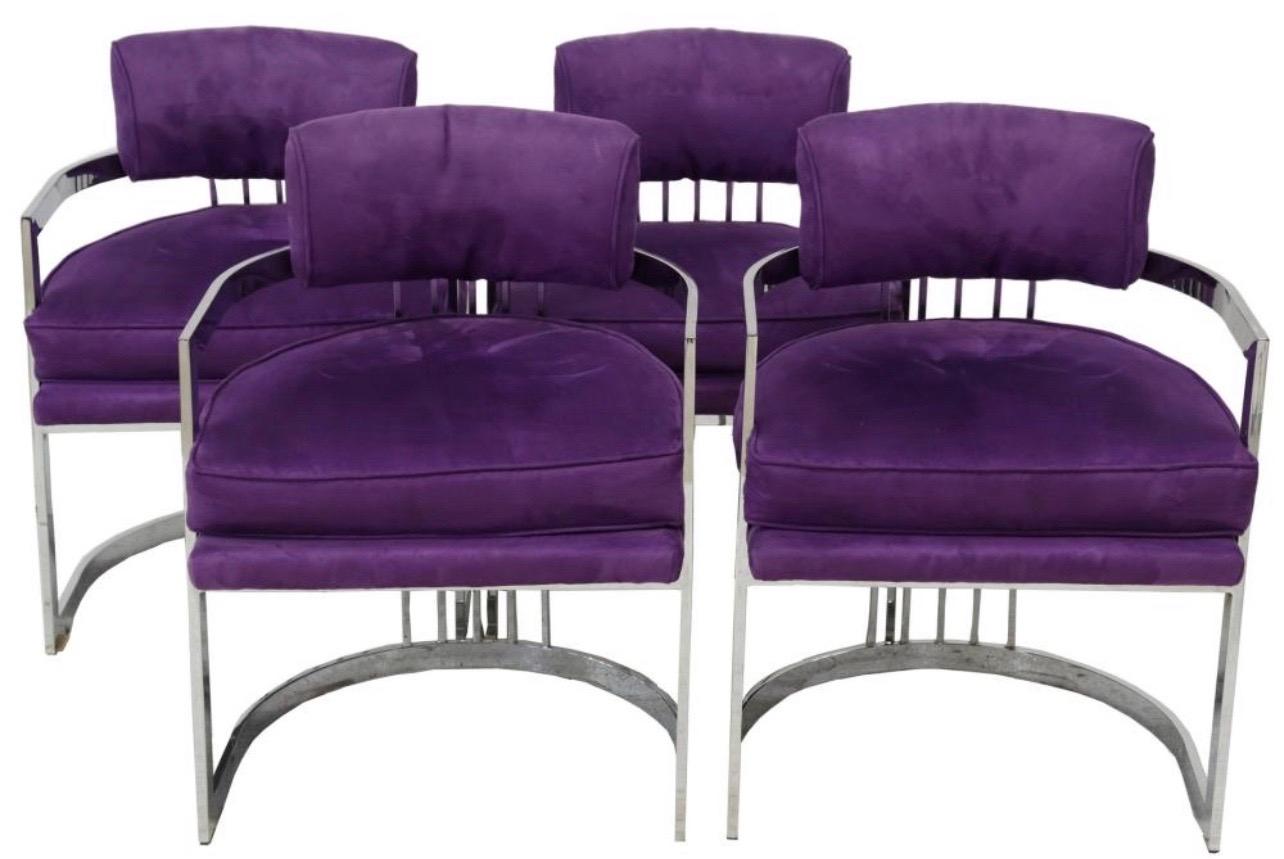 Mid-Century Modern 4 Milo Baughman Chrome Chairs in Purple Upholstery  For Sale