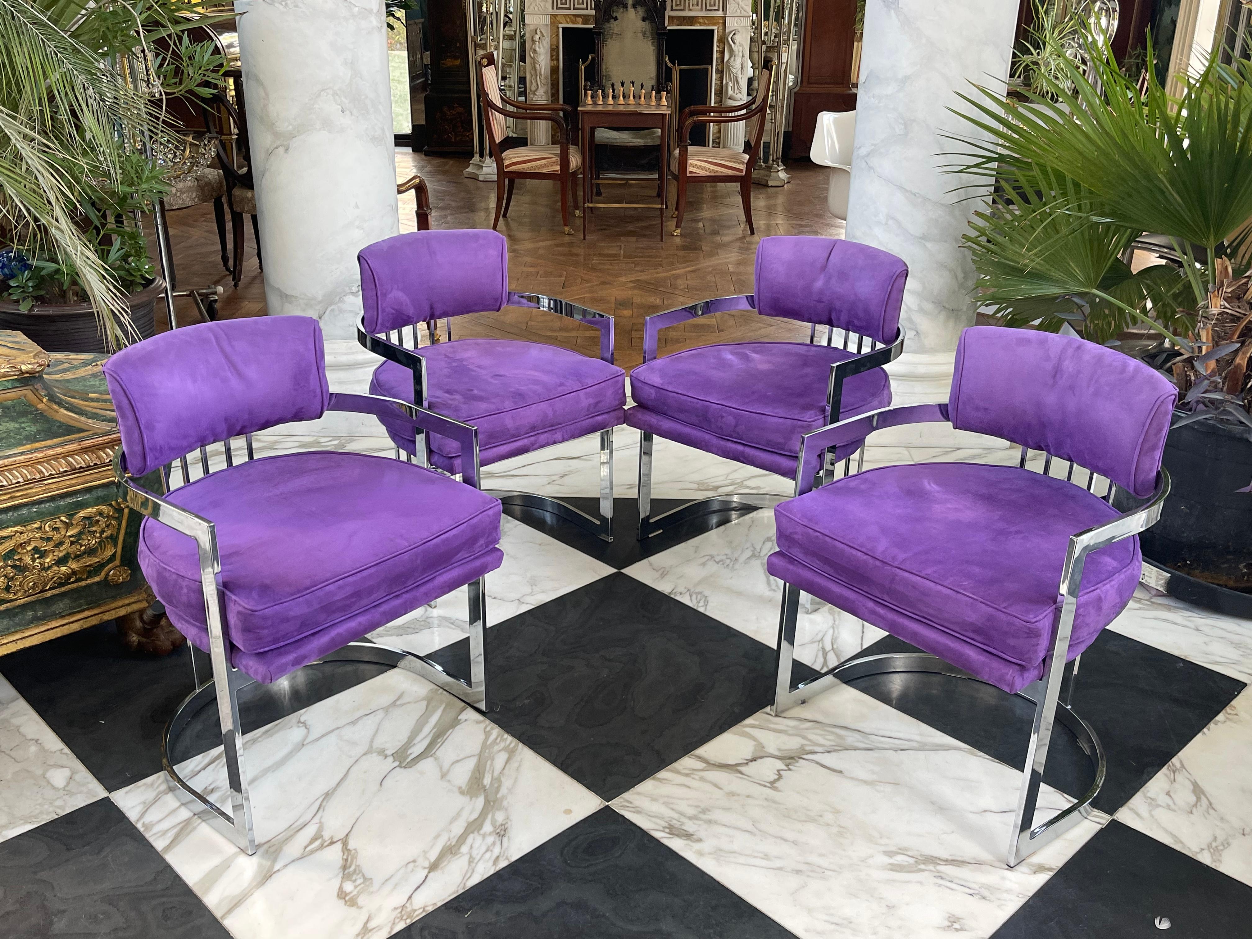 4 Milo Baughman Chrome Chairs in Purple Upholstery  In Good Condition For Sale In New Haven, CT