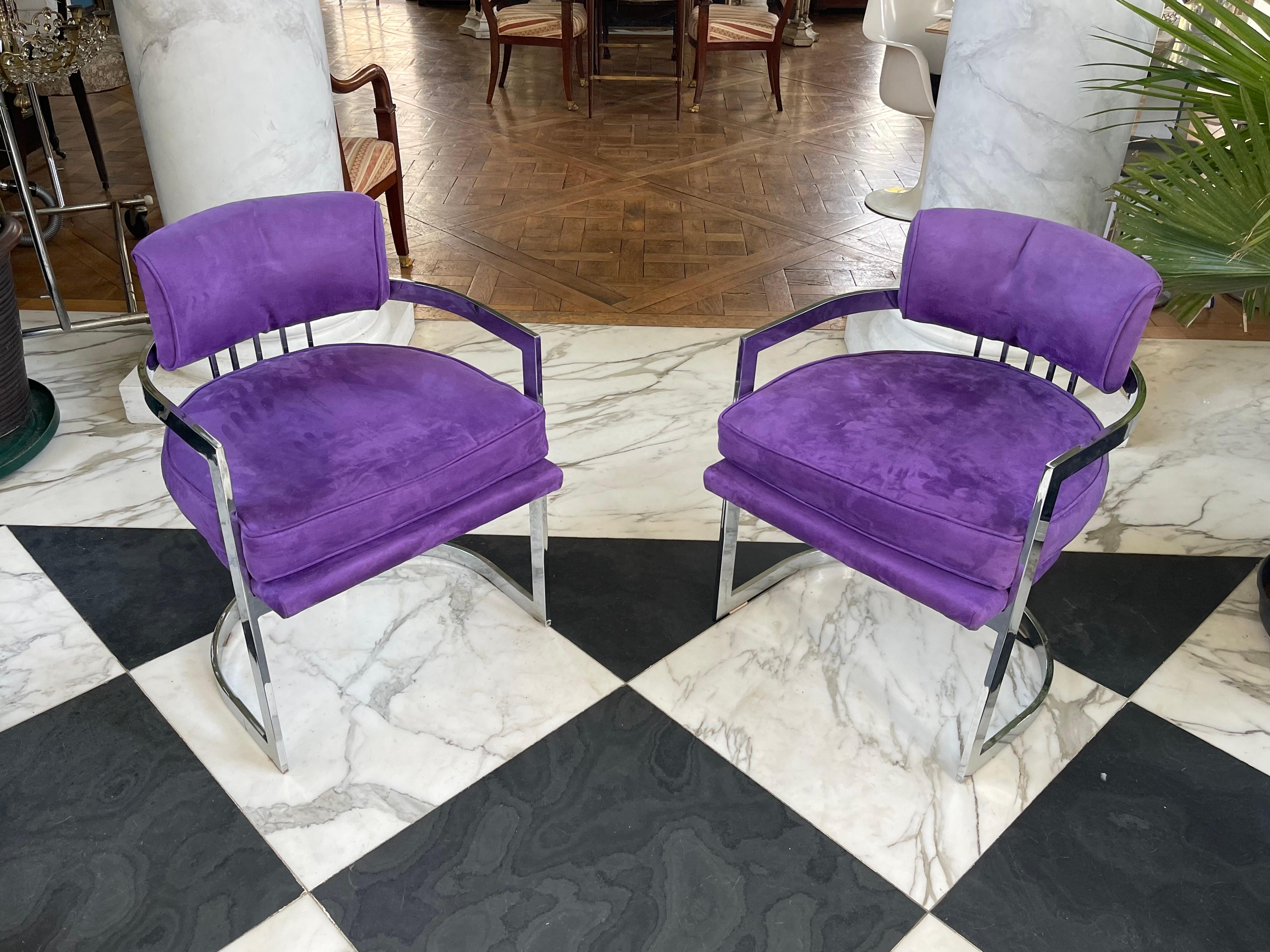 20th Century 4 Milo Baughman Chrome Chairs in Purple Upholstery  For Sale