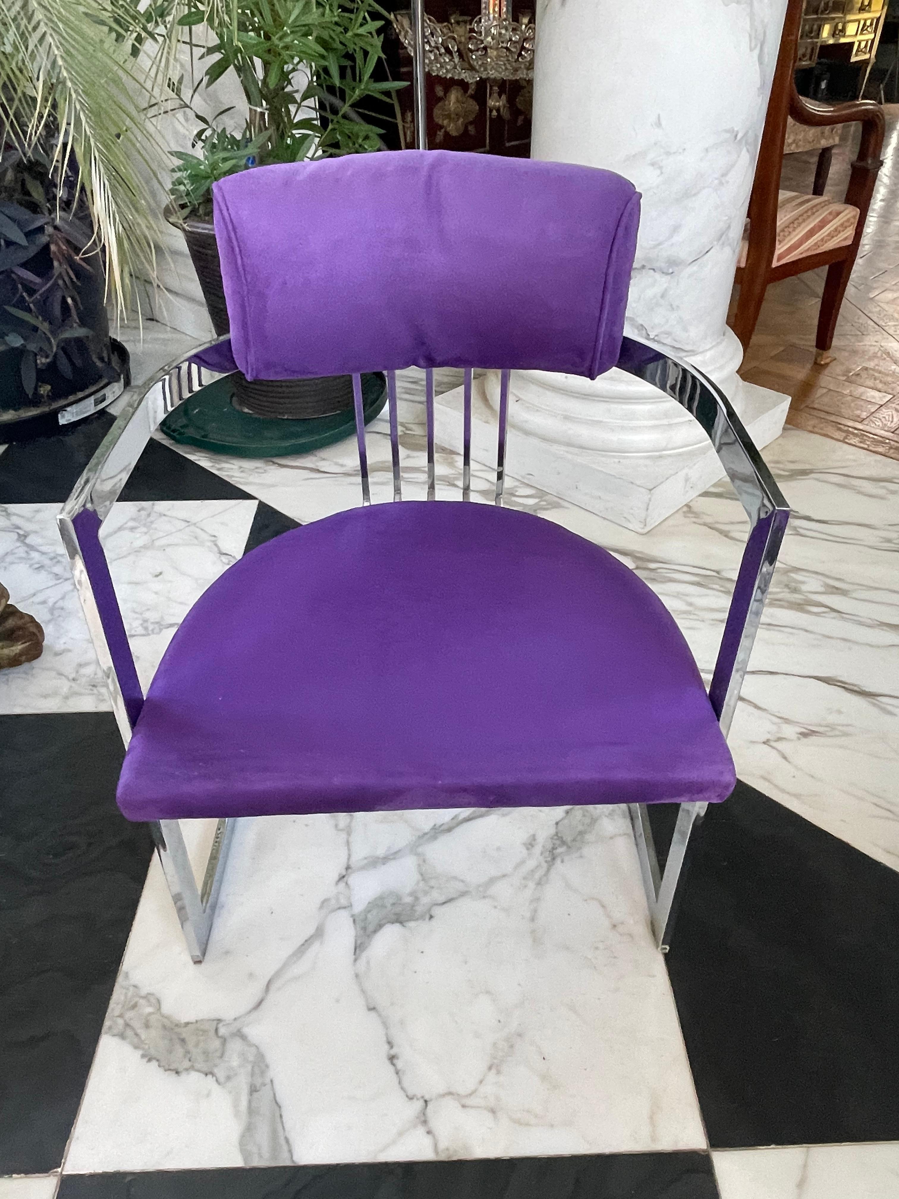 4 Milo Baughman Chrome Chairs in Purple Upholstery  For Sale 1