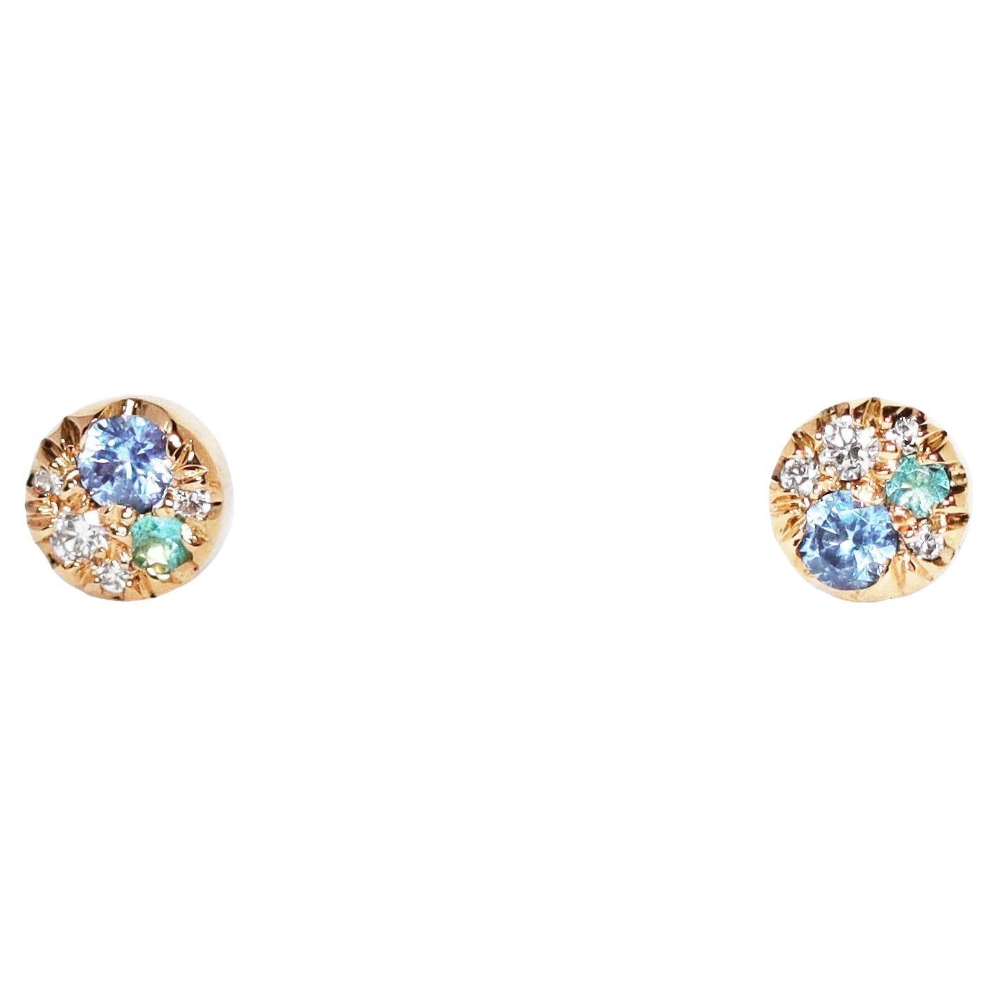 Orecchini con zaffiro da 4 mm, tormalina Paraiba e diamante, mini orecchini a perno laterali a pila in vendita