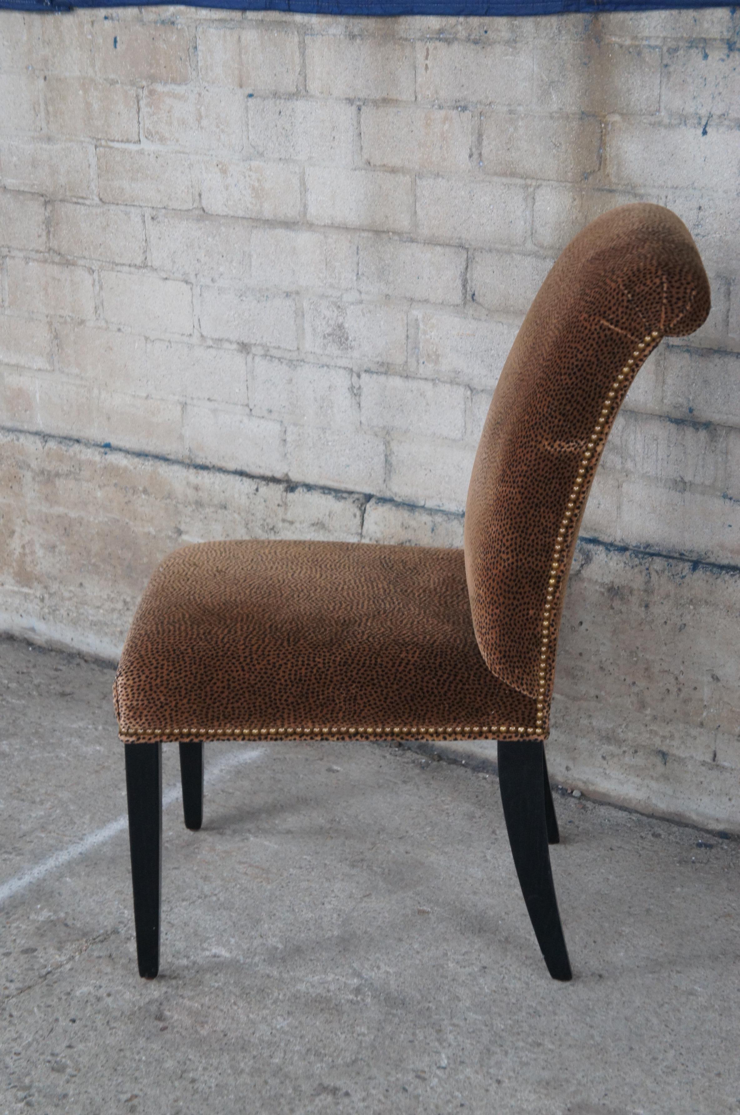 20th Century 4 Modern Leopard Upholstered Nailhead Parsons Rolled Back Oak Side Dining Chairs For Sale