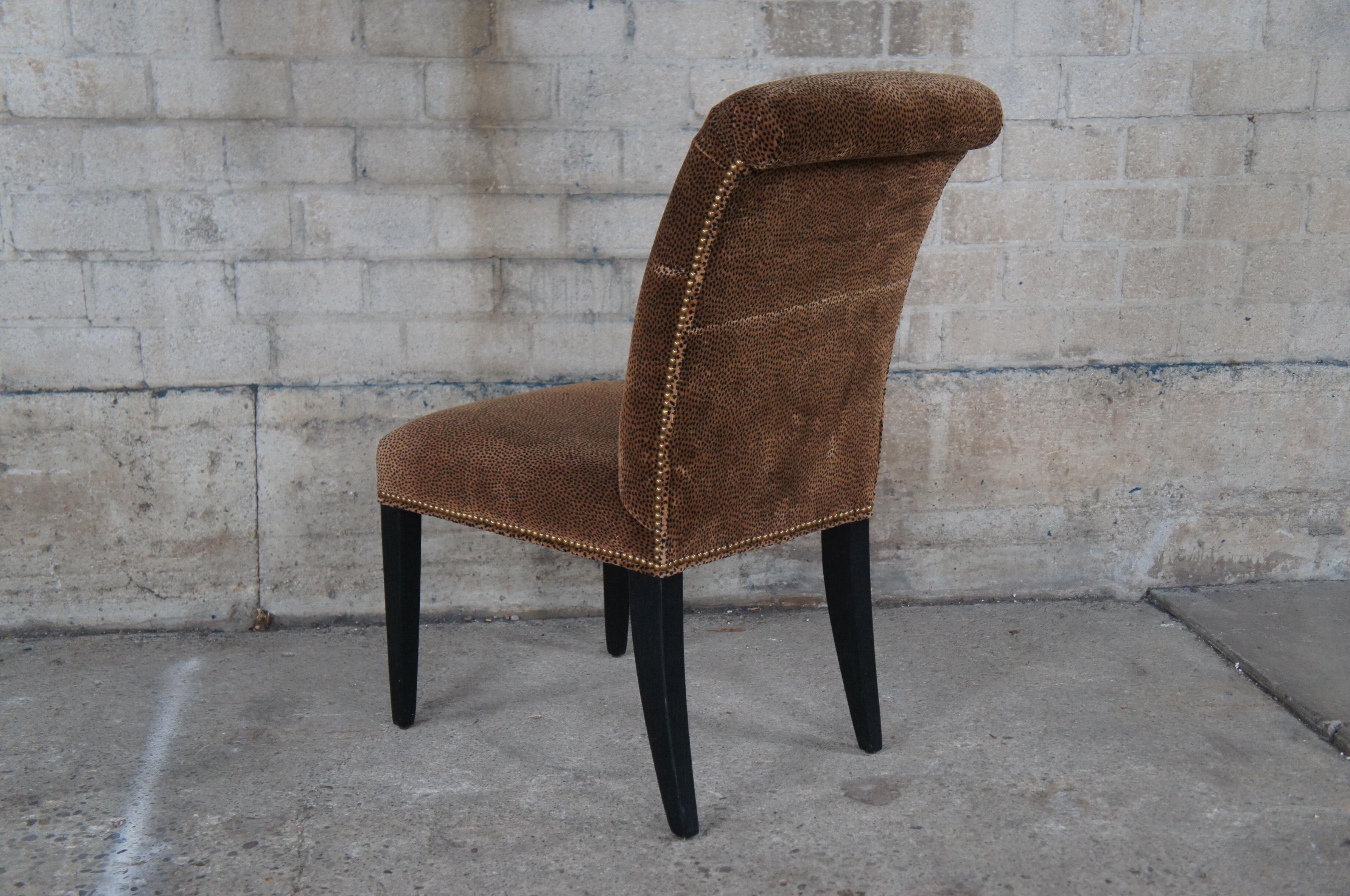 Upholstery 4 Modern Leopard Upholstered Nailhead Parsons Rolled Back Oak Side Dining Chairs For Sale