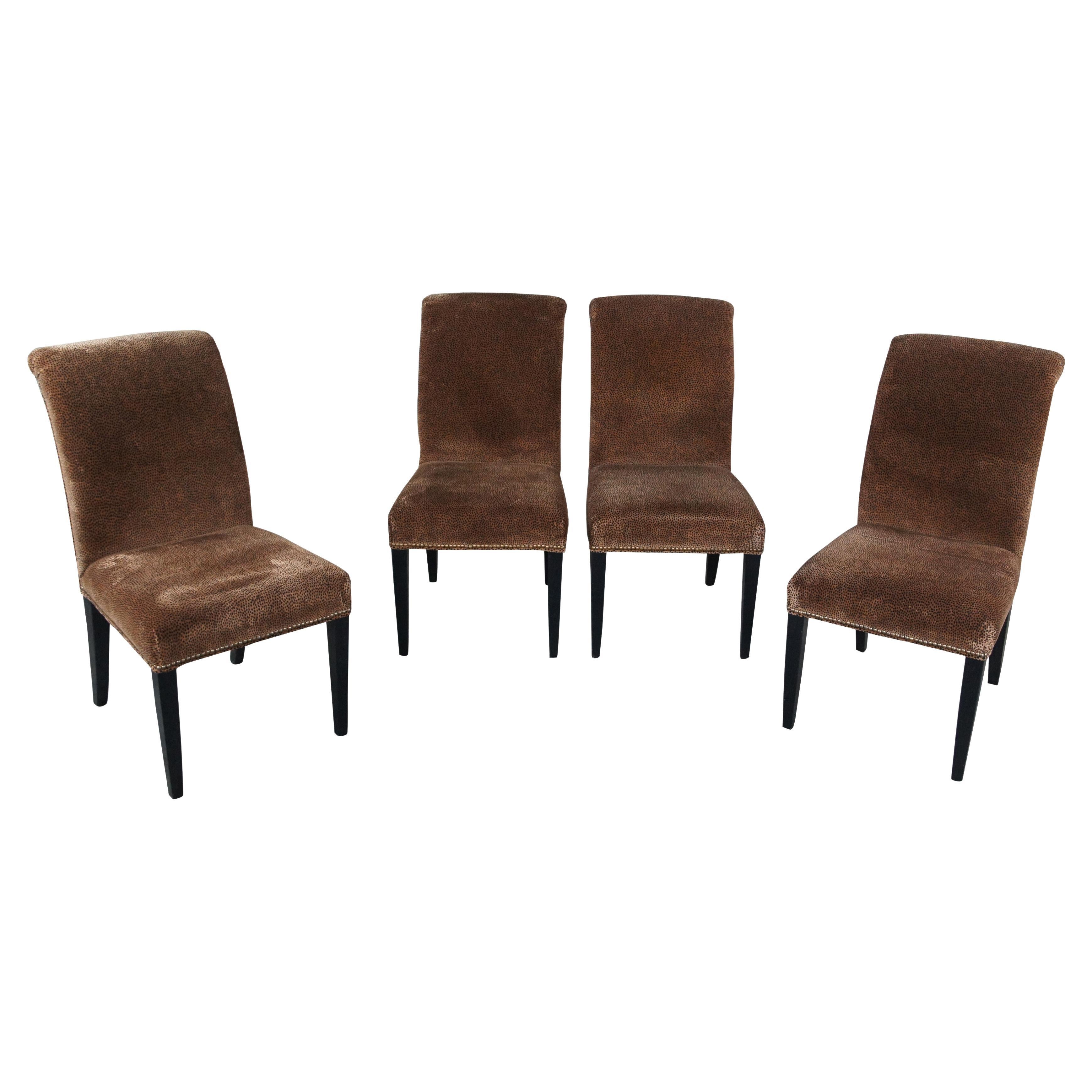 4 Modern Leopard Upholstered Nailhead Parsons Rolled Back Oak Side Dining Chairs For Sale