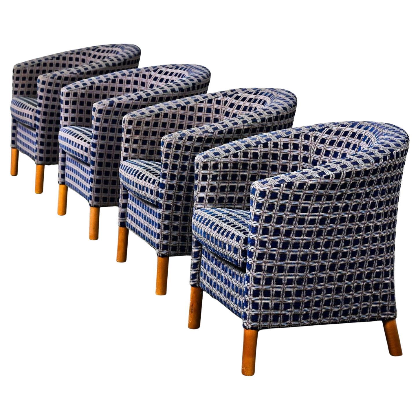 4 Modern Petite Tub Chairs Navy Plaid Fabric & Maple Legs by Patrician Furniture