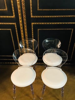 4 Modern Style Lucite Dining and Accent Chair with White Sky Leather Upholstery