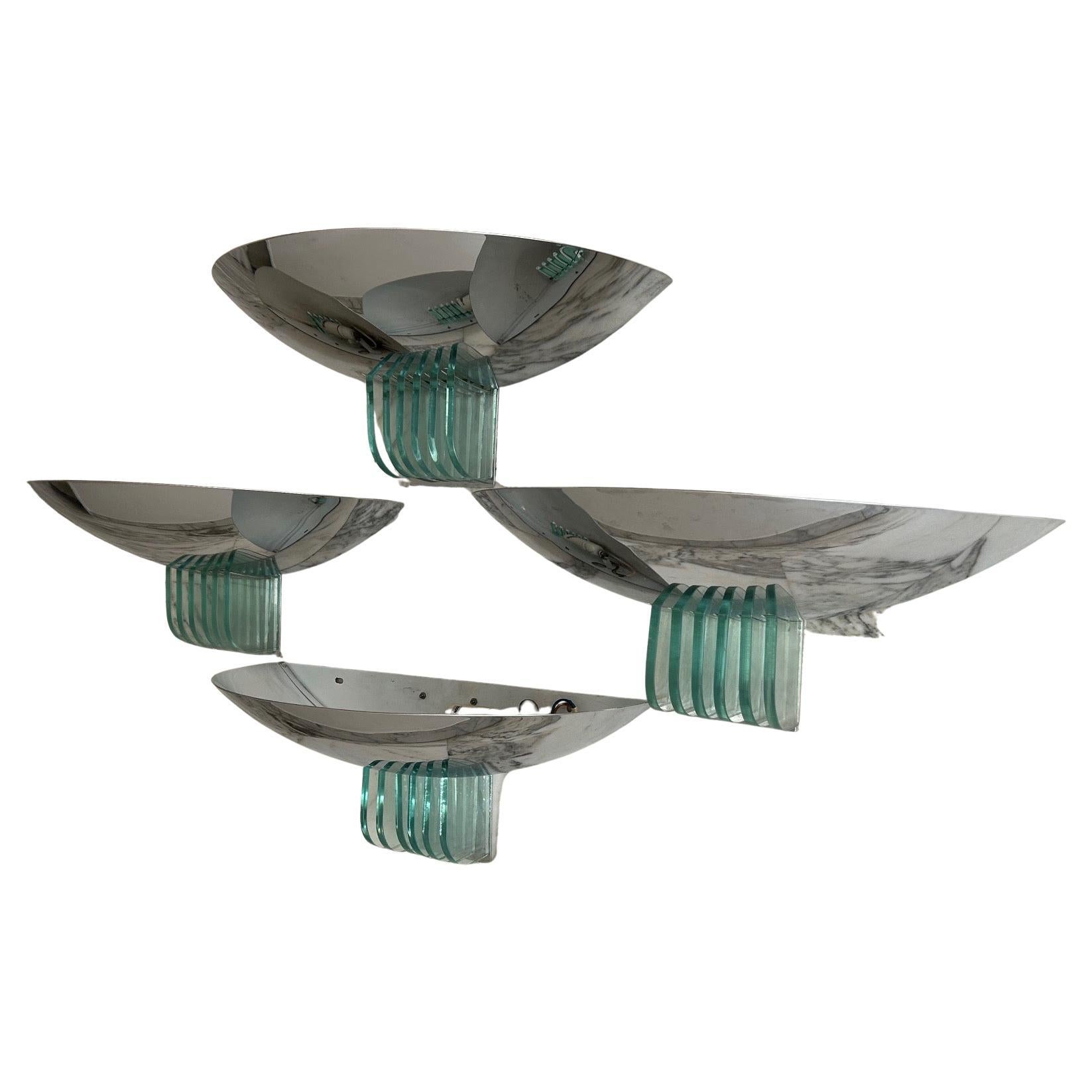4 applique moderniste in stile art déco cromate e in vetro risalenti agli anni '80