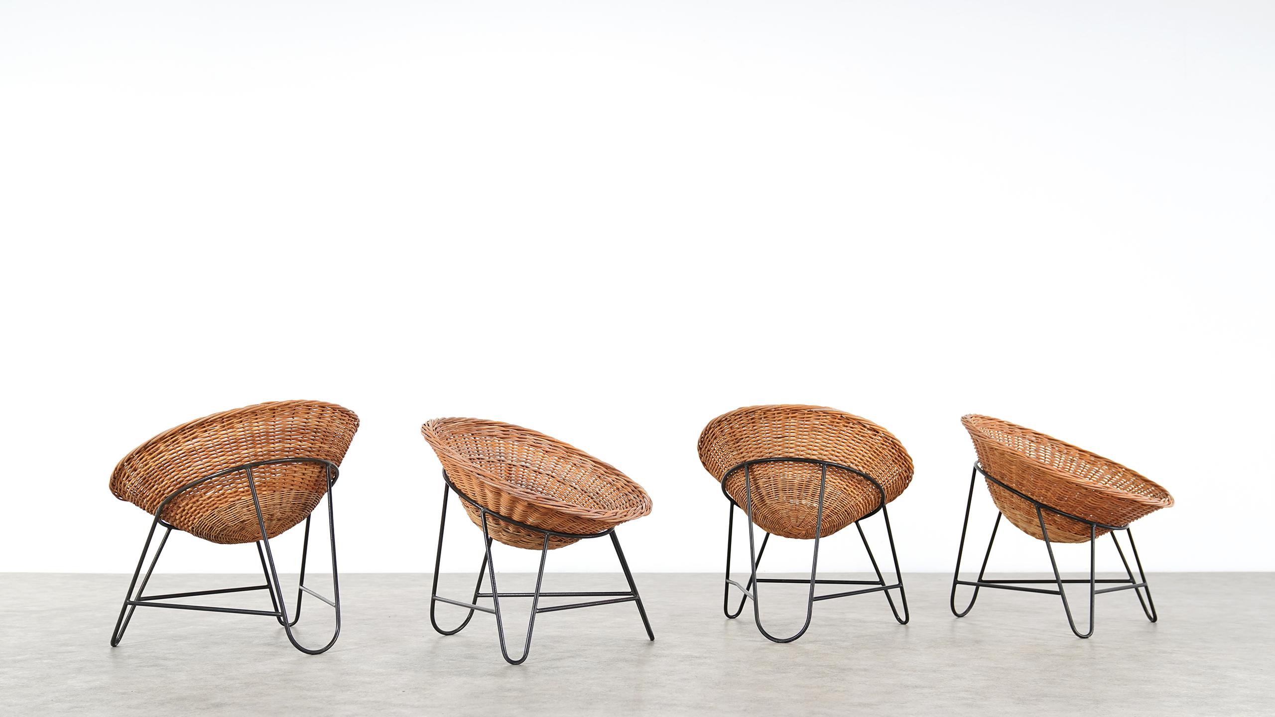 4 Modernist Wicker Chair in style of Mathieu Matégot circa 1950, France Tripod 1