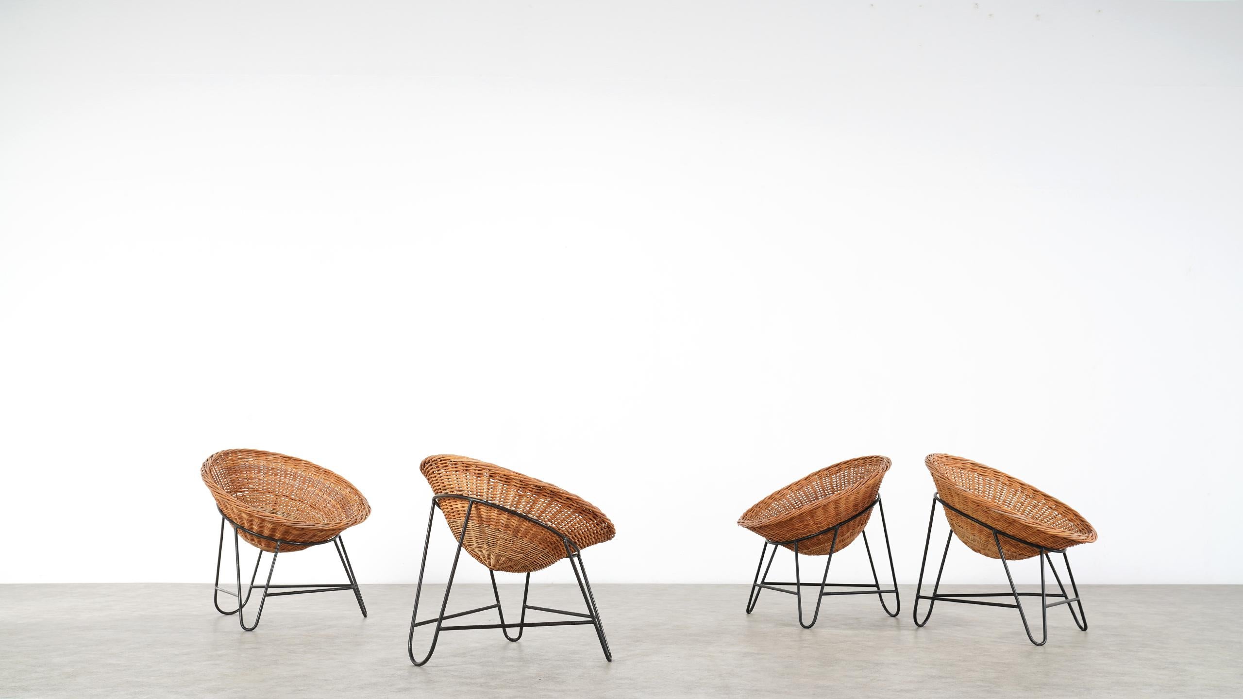 4 Modernist Wicker Chair in style of Mathieu Matégot circa 1950, France Tripod 8