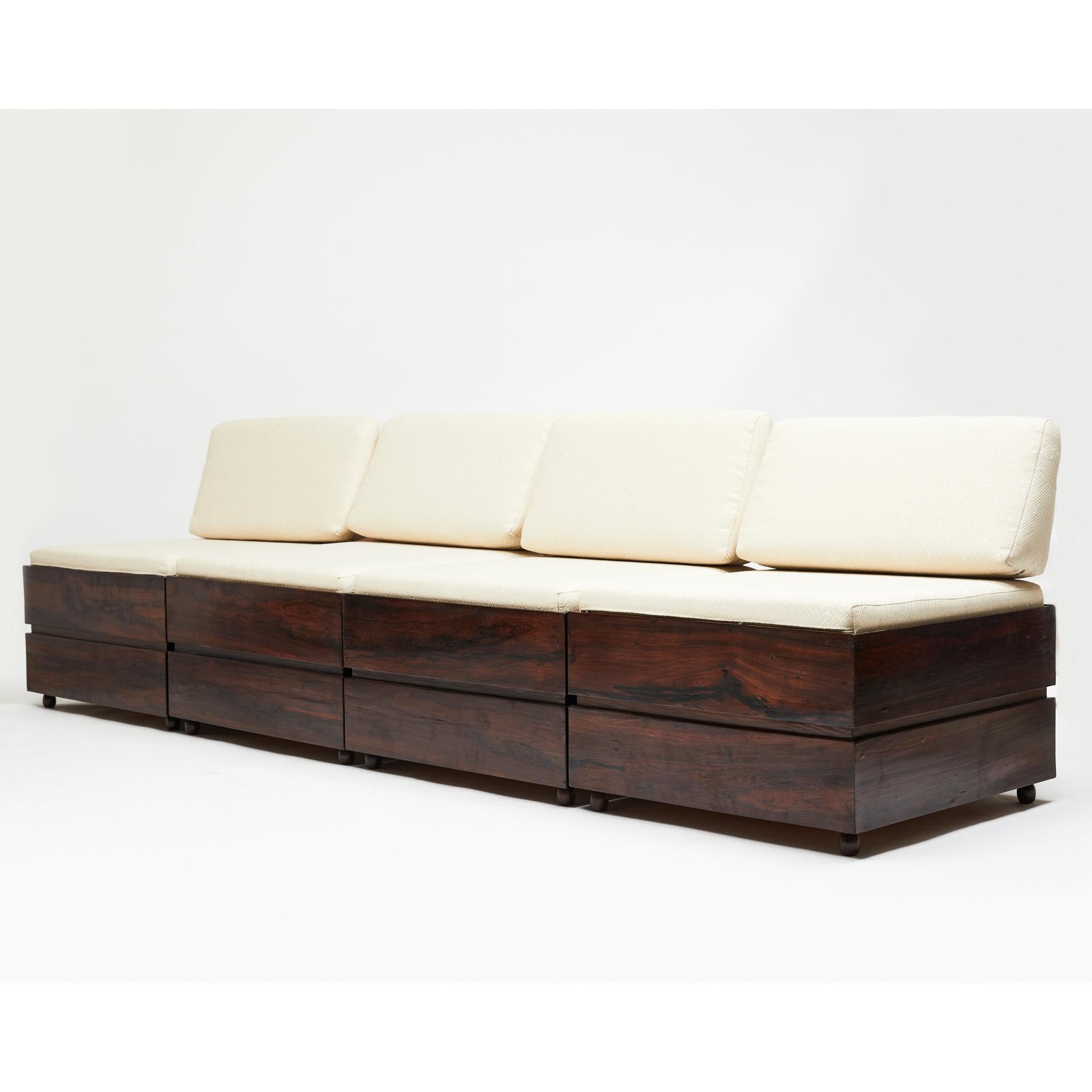 Woodwork Brazilian Modern Set of 4 Stools/Trunks in Hardwood & White Linen, Celina Brazil