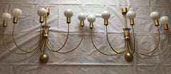 Four Monumental French Theater Sconces, Five Gilt Metal Curved Arms - 1950s