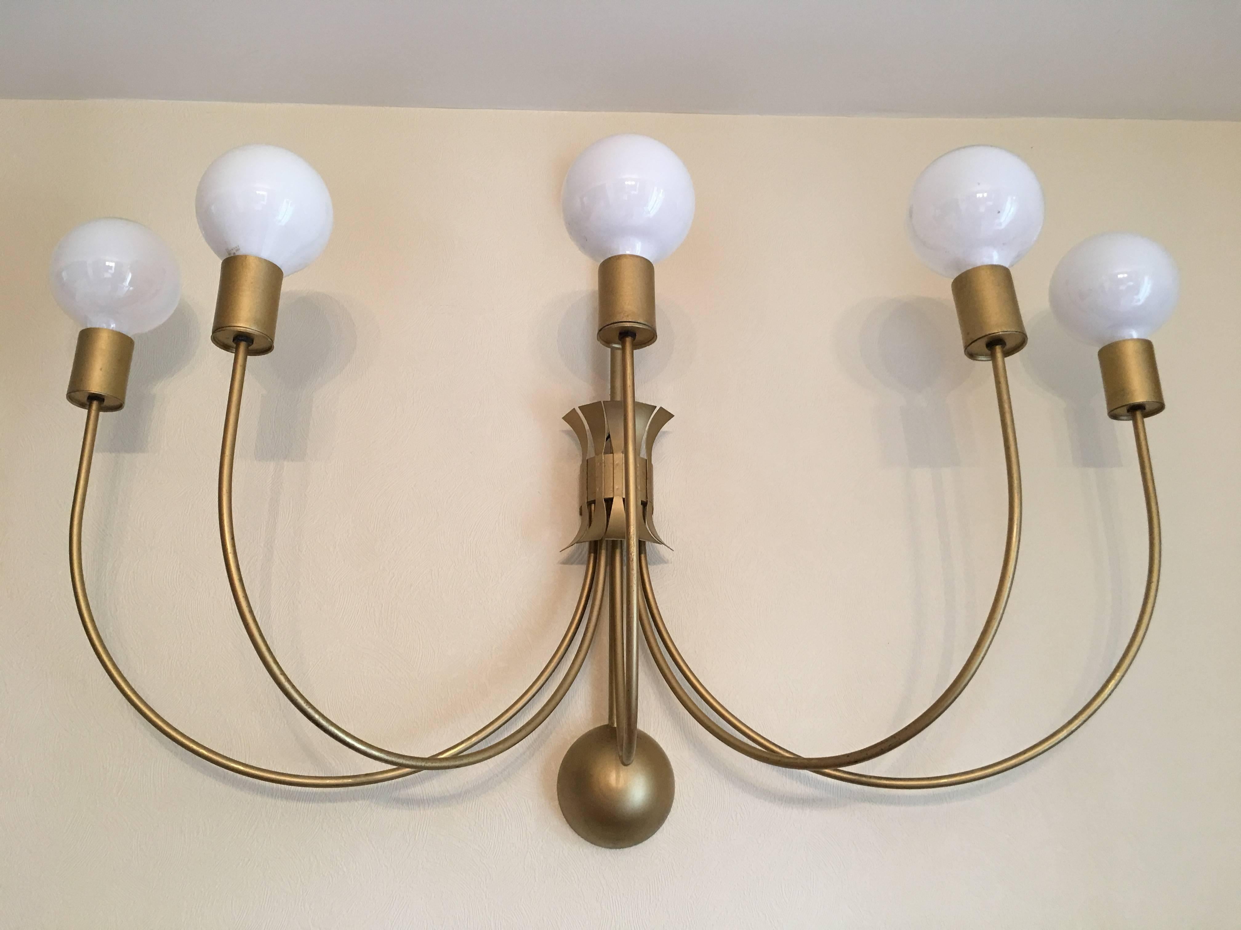 Mid-Century Modern Four Monumental French Theater Sconces, Five Gilt Metal Curved Arms - 1950s For Sale