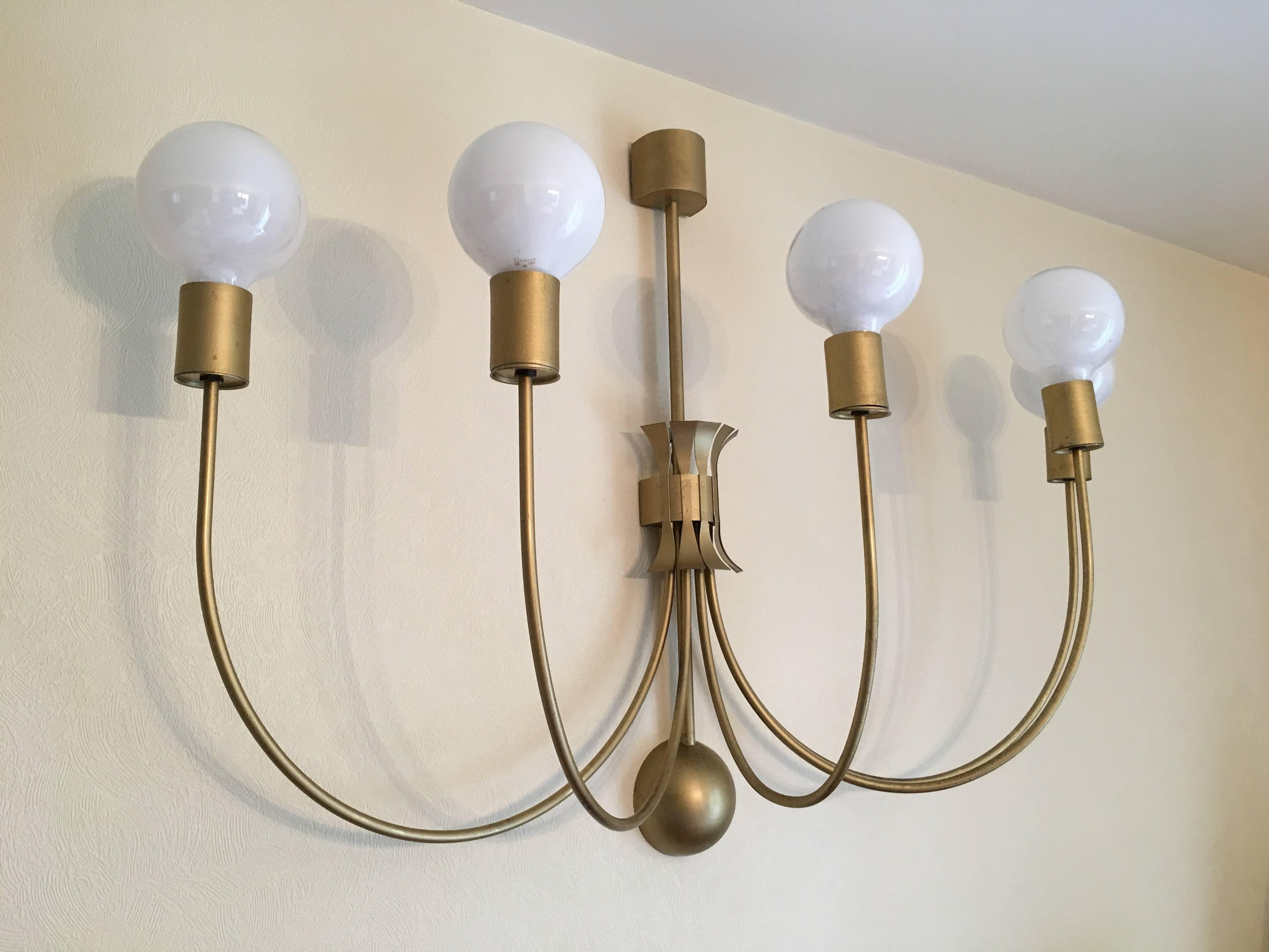Mid-20th Century Four Monumental French Theater Sconces, Five Gilt Metal Curved Arms - 1950s For Sale