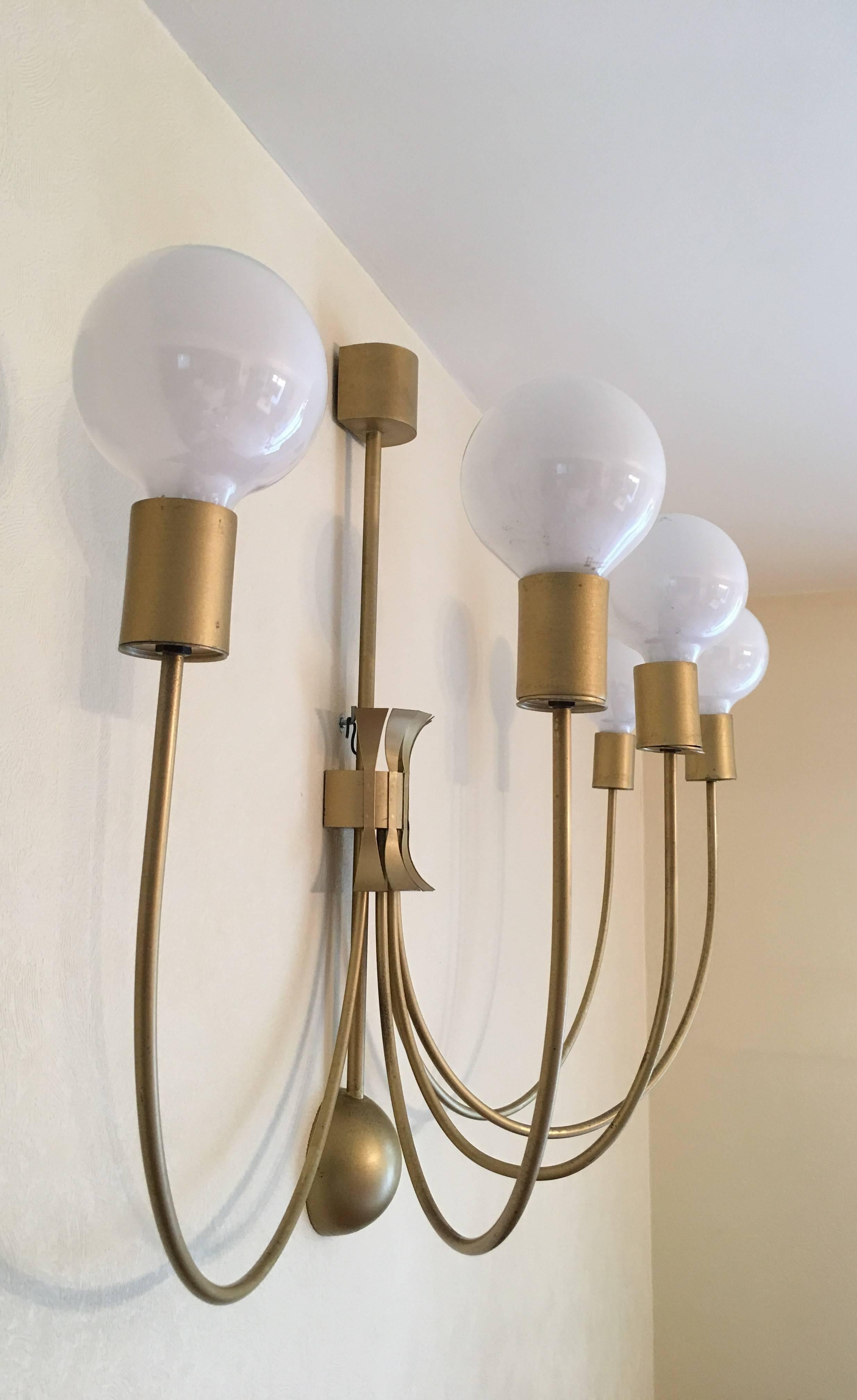 Iron Four Monumental French Theater Sconces, Five Gilt Metal Curved Arms - 1950s For Sale