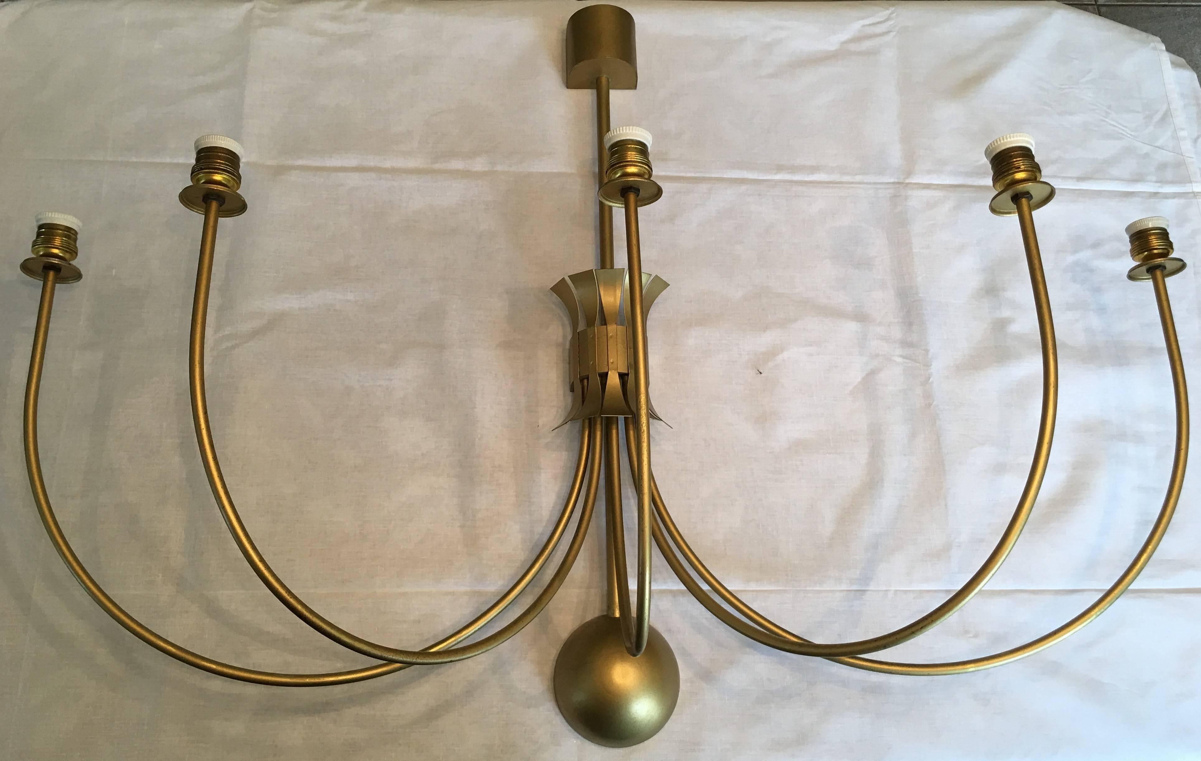 Four Monumental French Theater Sconces, Five Gilt Metal Curved Arms - 1950s For Sale 3