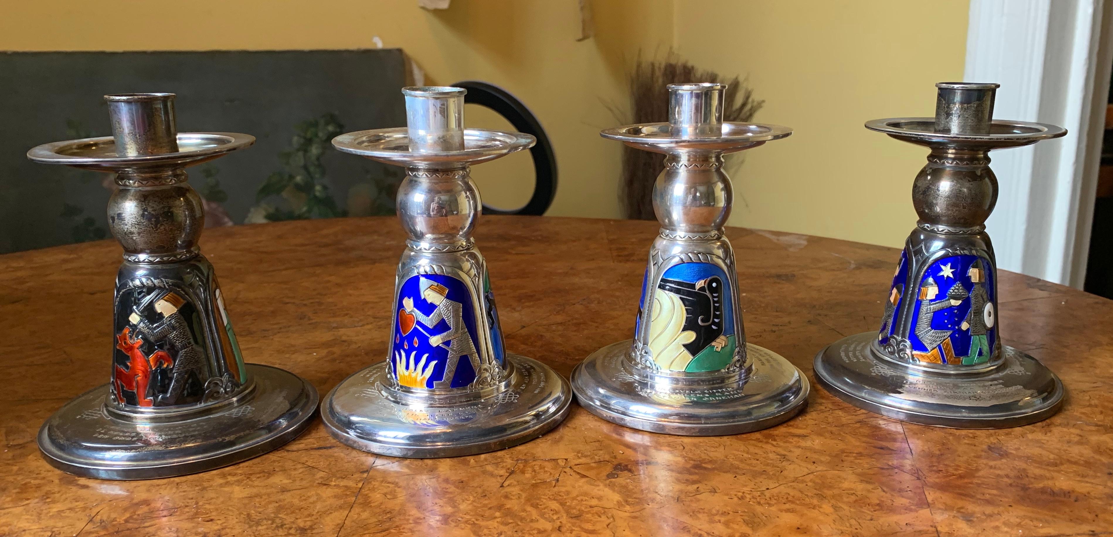 4 Norwegian Modernist Enamel Sterling Silver Candlesticks N.M.Thune Viking Norse In Good Condition For Sale In New York, NY
