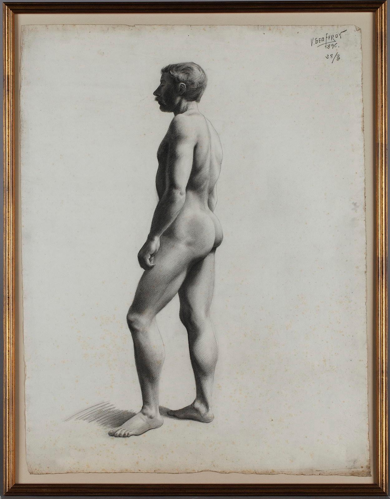 Four male nude drawings from life by V. Geoffray in the late 19th century. These academic drawings of the nude, called académies, were the basic building block of academic education, as it was practiced in France in the 19th century. They were