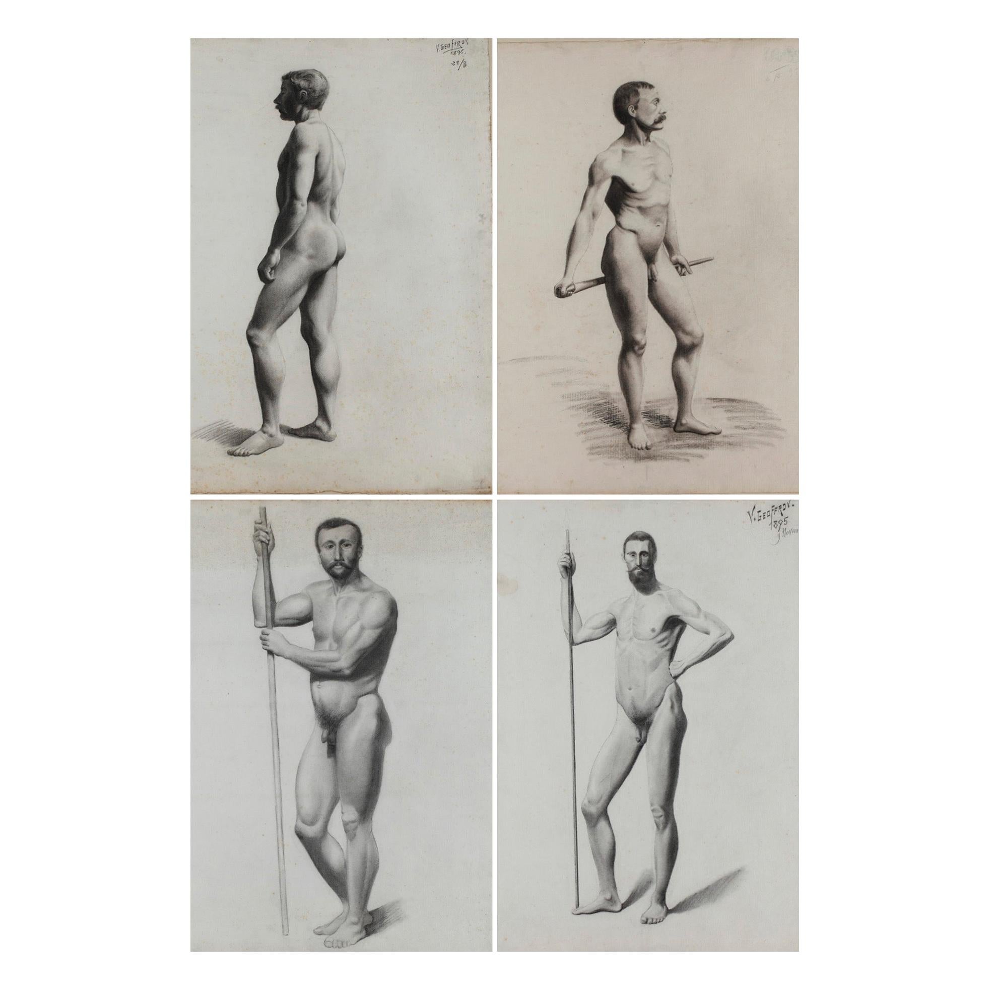 4 Nude Drawings After a Live Model by V. Geoffroy, Circa 1895