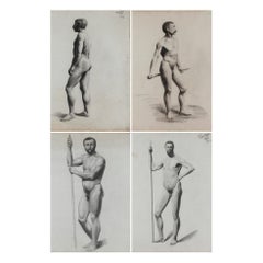 4 dessins de nus d'après un modèle vivant de V. Geoffroy, vers 1895