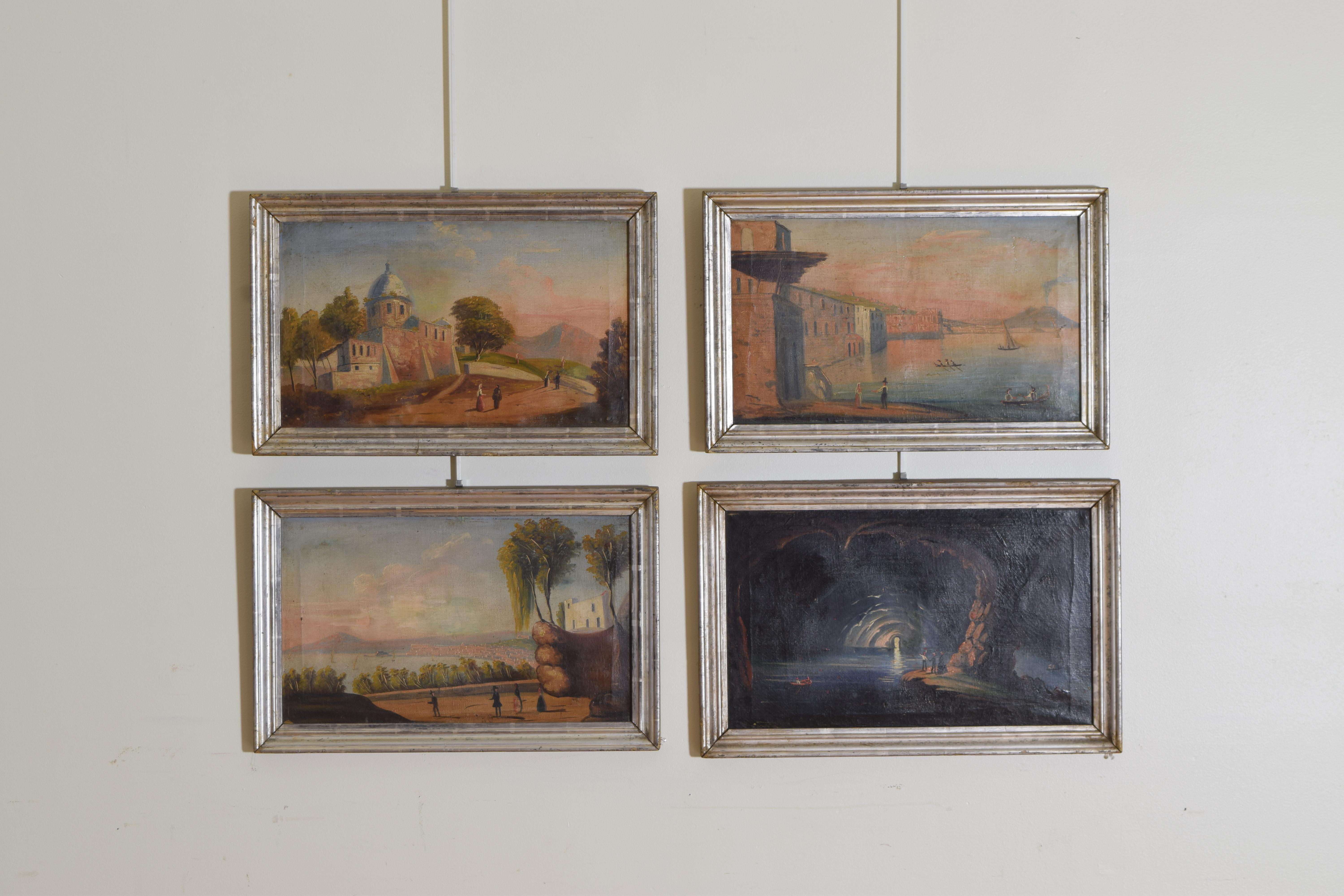 Of the Neapolitan school, these four painting depict views of the famed Blue Grotto of Capri, and eastward view of the Bay of Naples with smoldering Mount Vesuvius, a Westward view of the Bay of Naples, and a country church in the mountains above