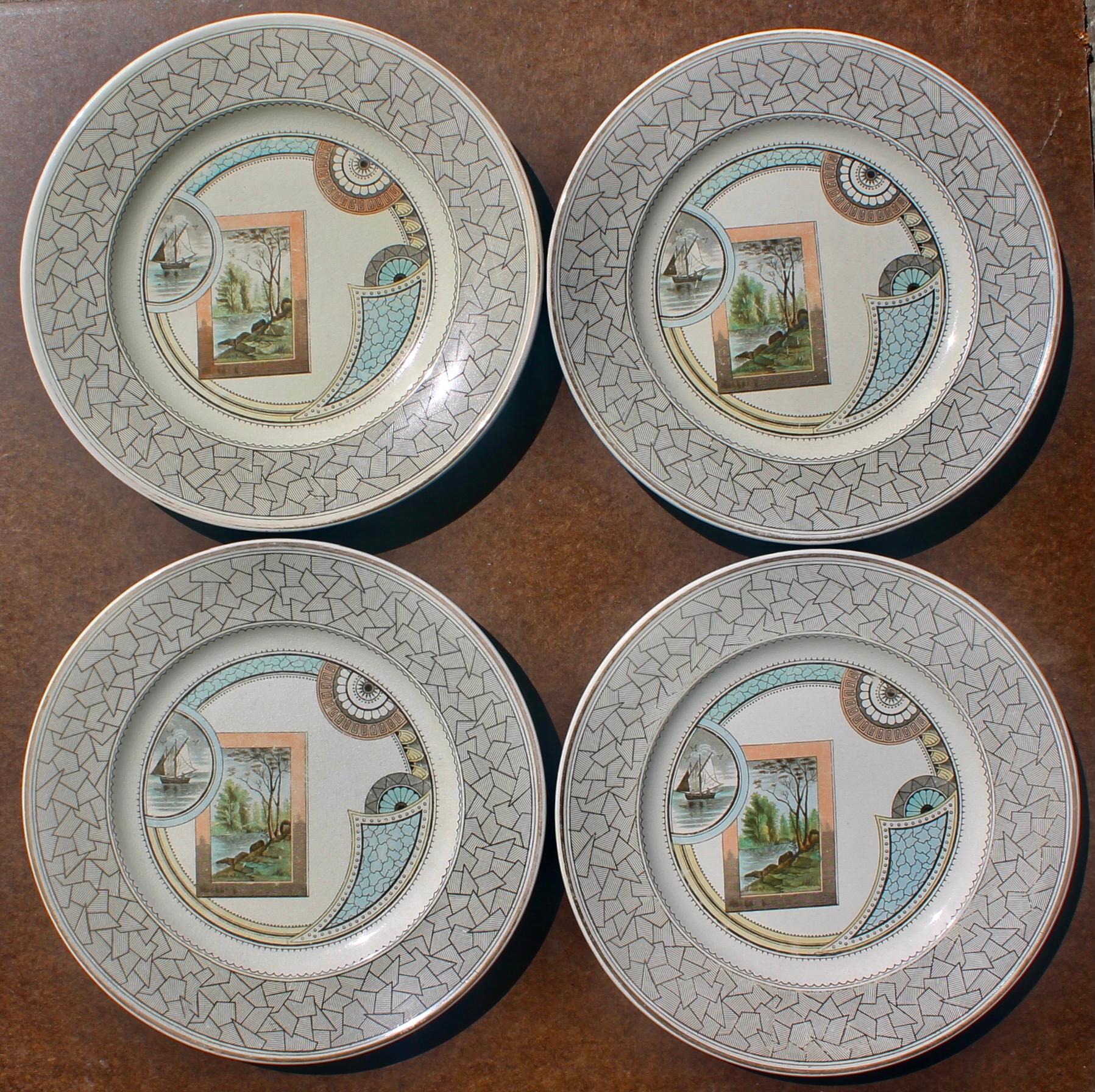 Four classic old hall plates with Aesthetic Movement Decoration ('Excelsior' design), the design attributed to Christopher Dresser.
  