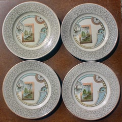4 Old Hall 'Excelsior' plates Aesthetic Movement Christopher Dresser Attributed.