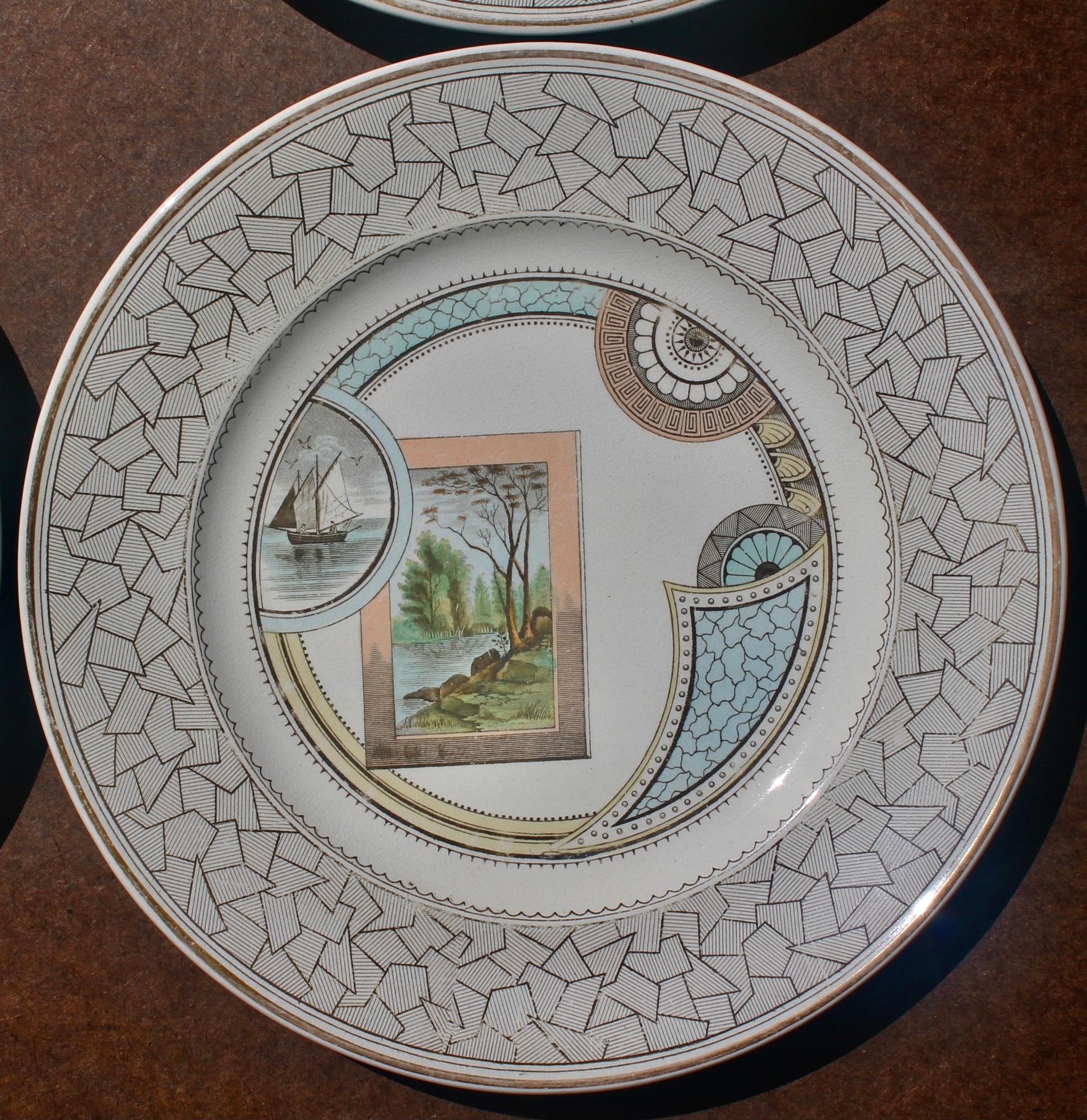 English 4 Old Hall 'Excelsior' plates Aesthetic Movement Christopher Dresser Attributed. For Sale
