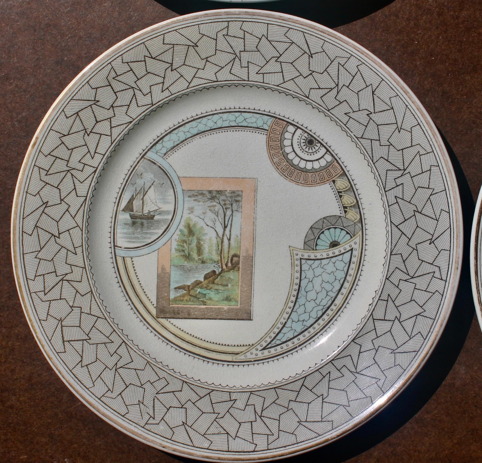 English 4 Old Hall 'Excelsior' plates Aesthetic Movement Christopher Dresser Attributed. For Sale