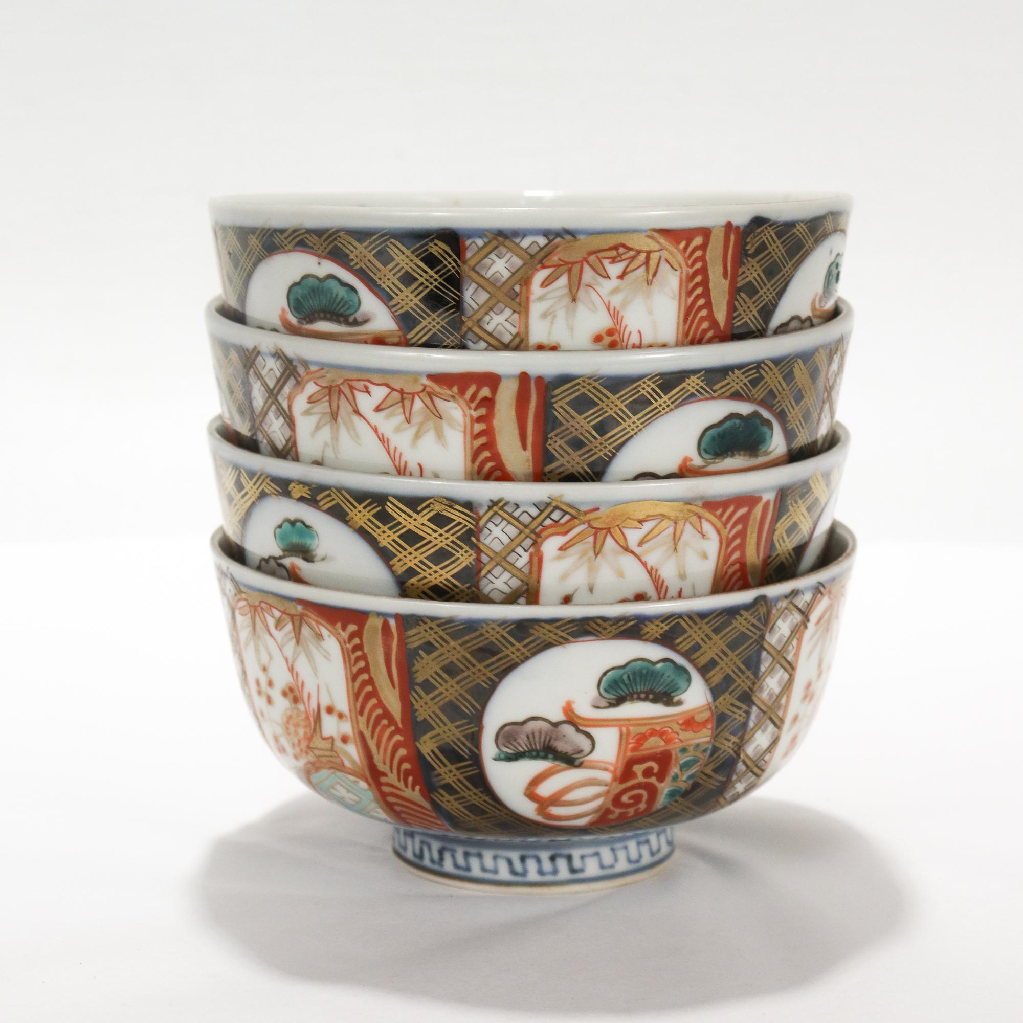 A fine set of 4 Japanese Imari porcelain bowls

Each decorated throughout with kaikemon blue, red, and green natural scenes and extensive gilding.

Marked to the base with a blue underglaze maker's mark for Kakufuku.

Simply a fine set of