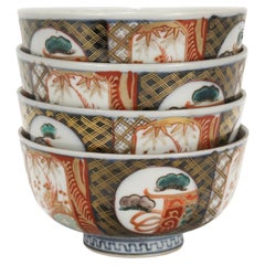 4 bols à riz en porcelaine japonaise Kaikemon Imari ancien ou antique signés Kakufuku