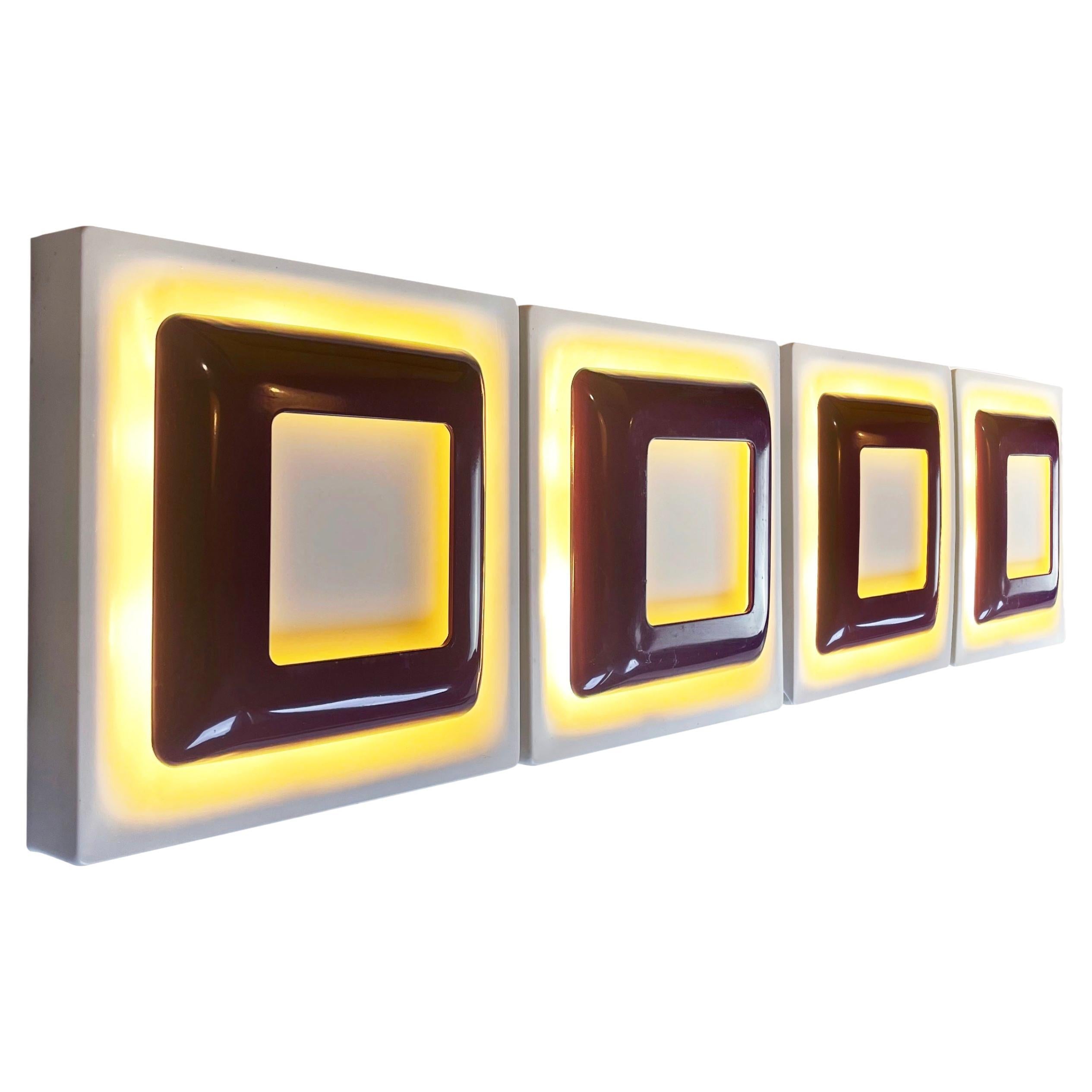 A beautiful set of 4 op art flush mount wall- or ceiling lamps by Doria Leuchten, Germany. 
Absolute German favourite of the 1970s.
Made entirely from metal sheet: the base a matte square white, the 'Inner' in a glossy, quite typical 70s purple.
The