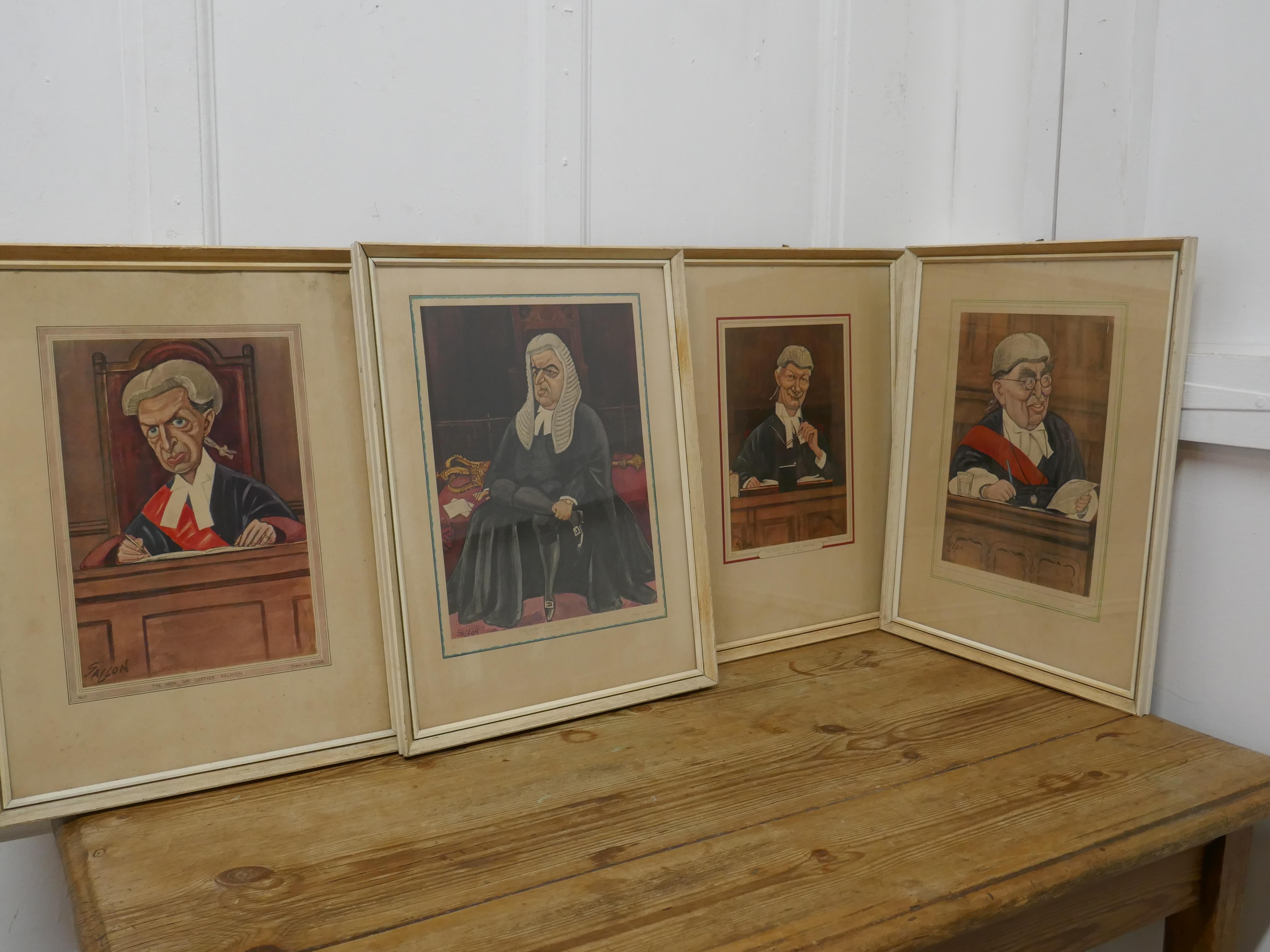 4 original caricature prints of Honourable Justices of Great Britain by Sallon

Charming collection of novelty character prints by Sallon, with each character depicted red and in color
They are
No 3 “The Right Hon Viscount Kilmuir”
No 7 “The