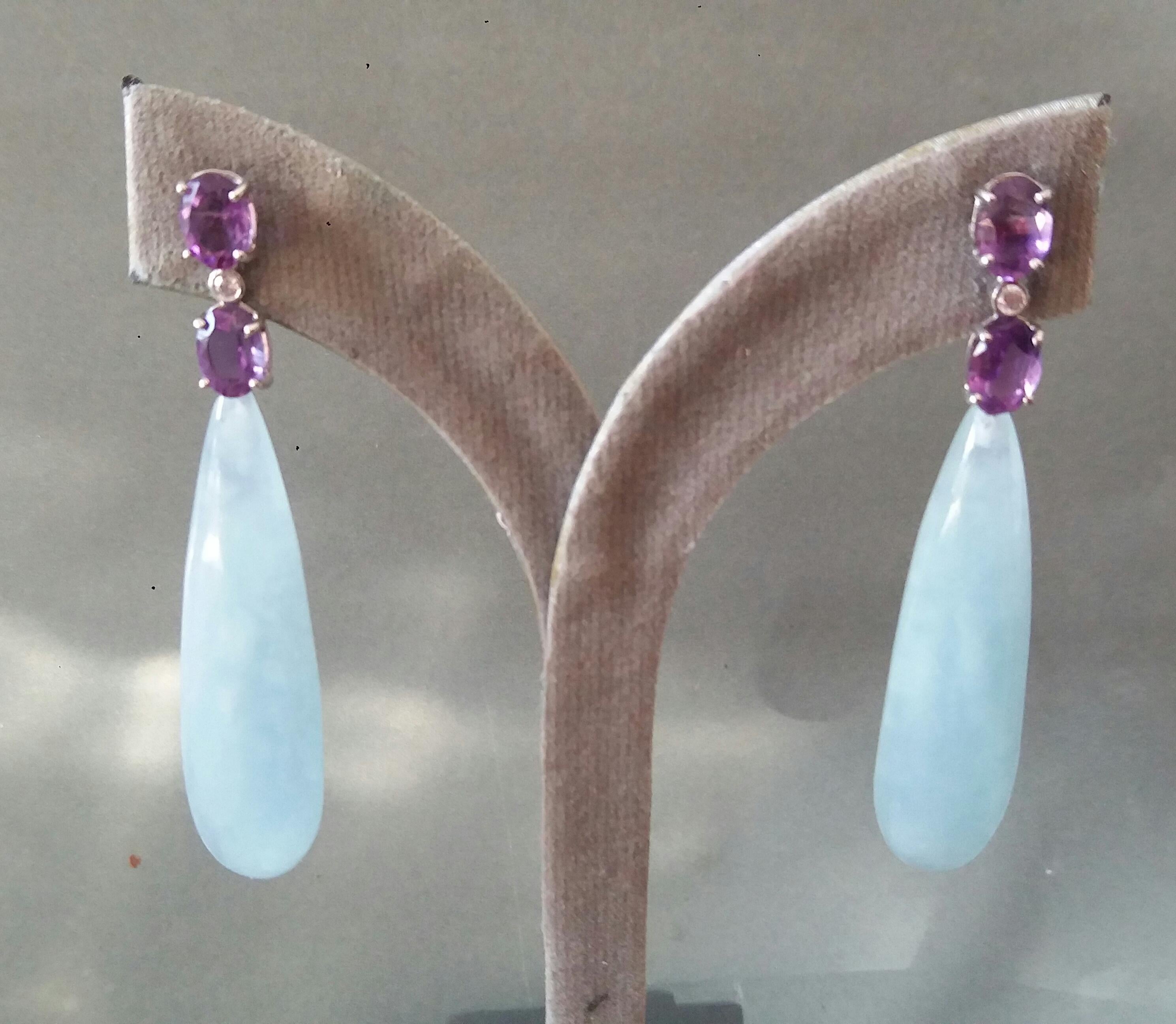 4 Oval Faceted Amethyst Gold Diamonds 2 Drop Shape Genuine Aquamarine Earrings For Sale 4