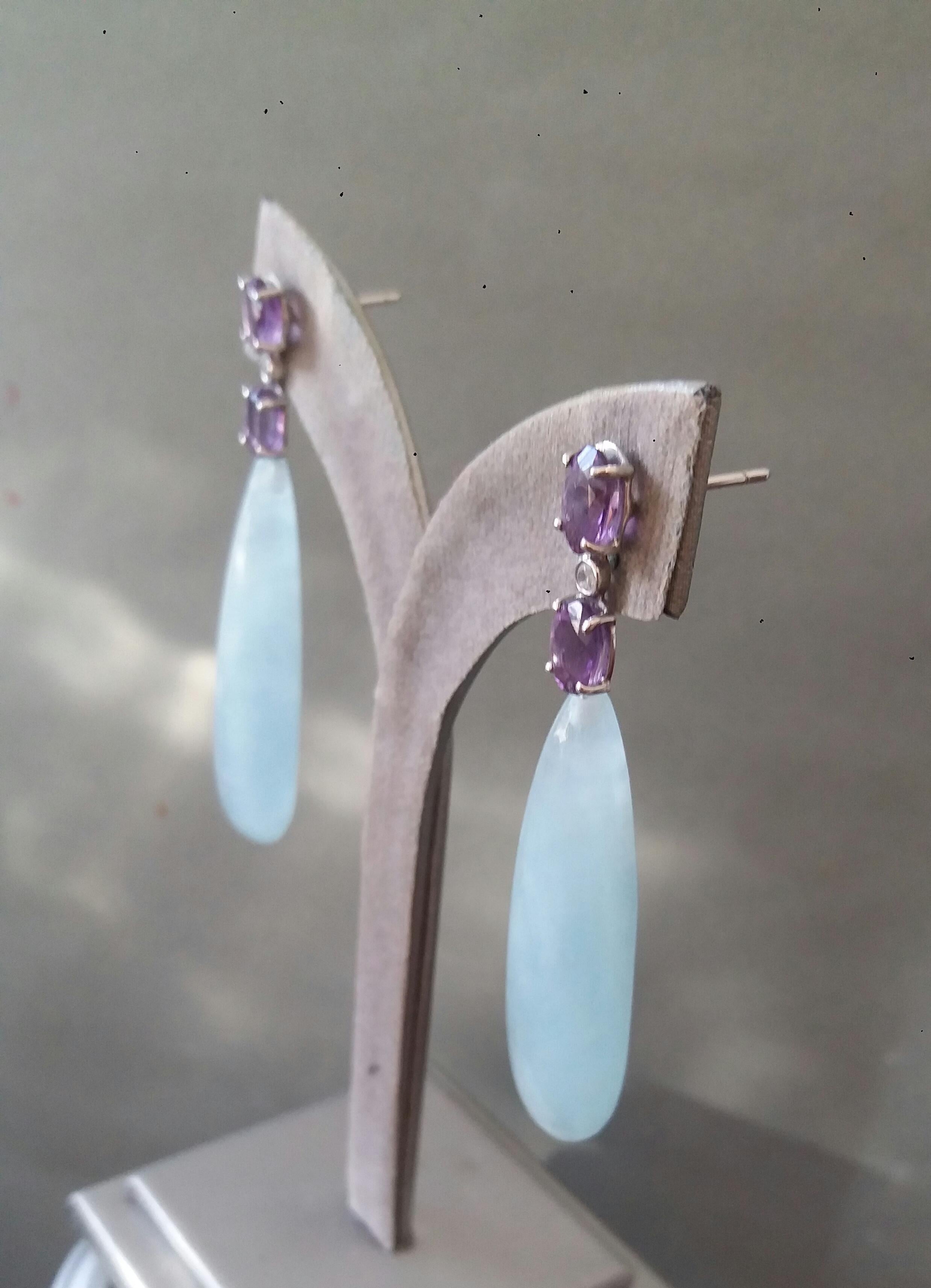4 Oval Faceted Amethyst Gold Diamonds 2 Drop Shape Genuine Aquamarine Earrings For Sale 5