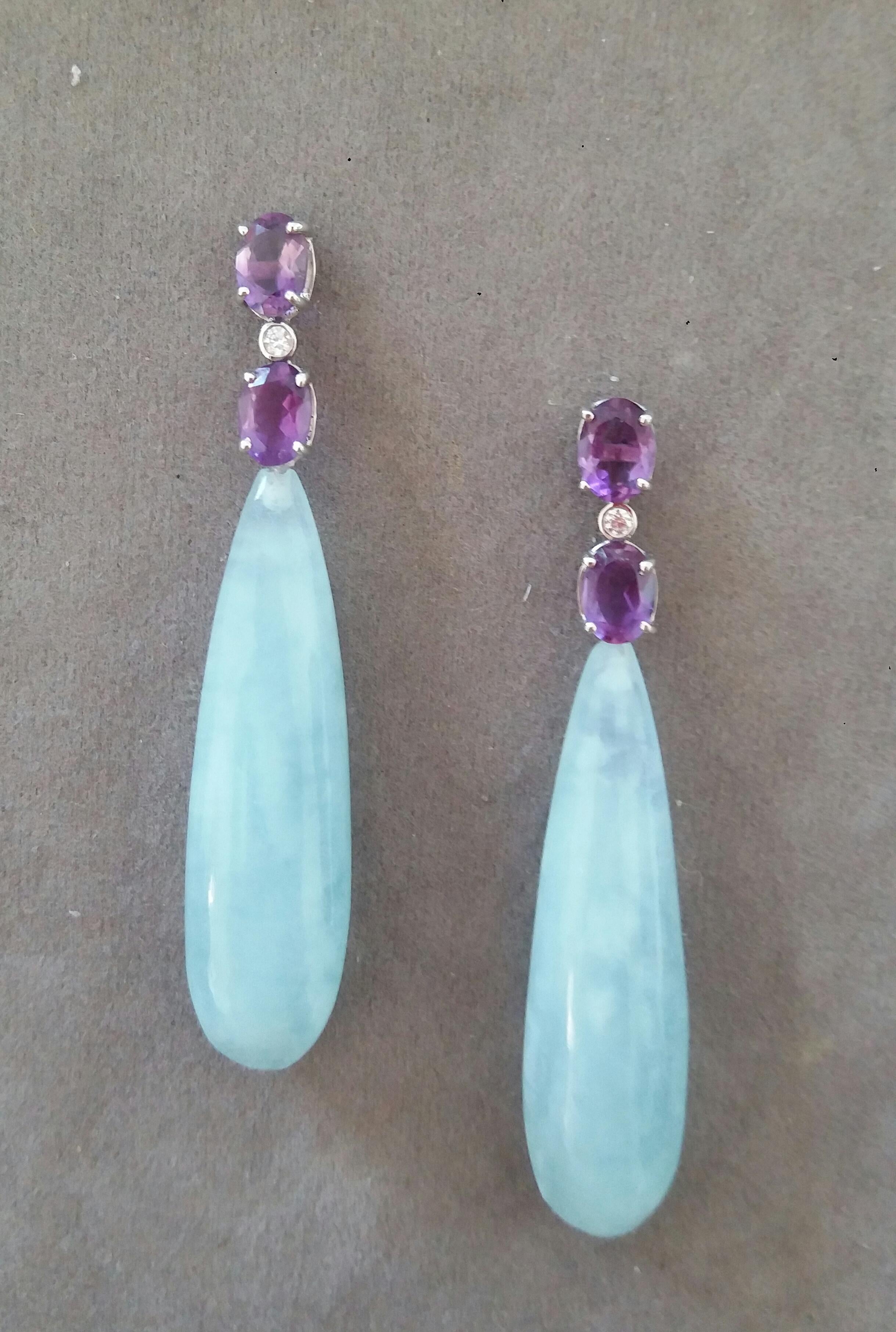 Artisan 4 Oval Faceted Amethyst Gold Diamonds 2 Drop Shape Genuine Aquamarine Earrings For Sale