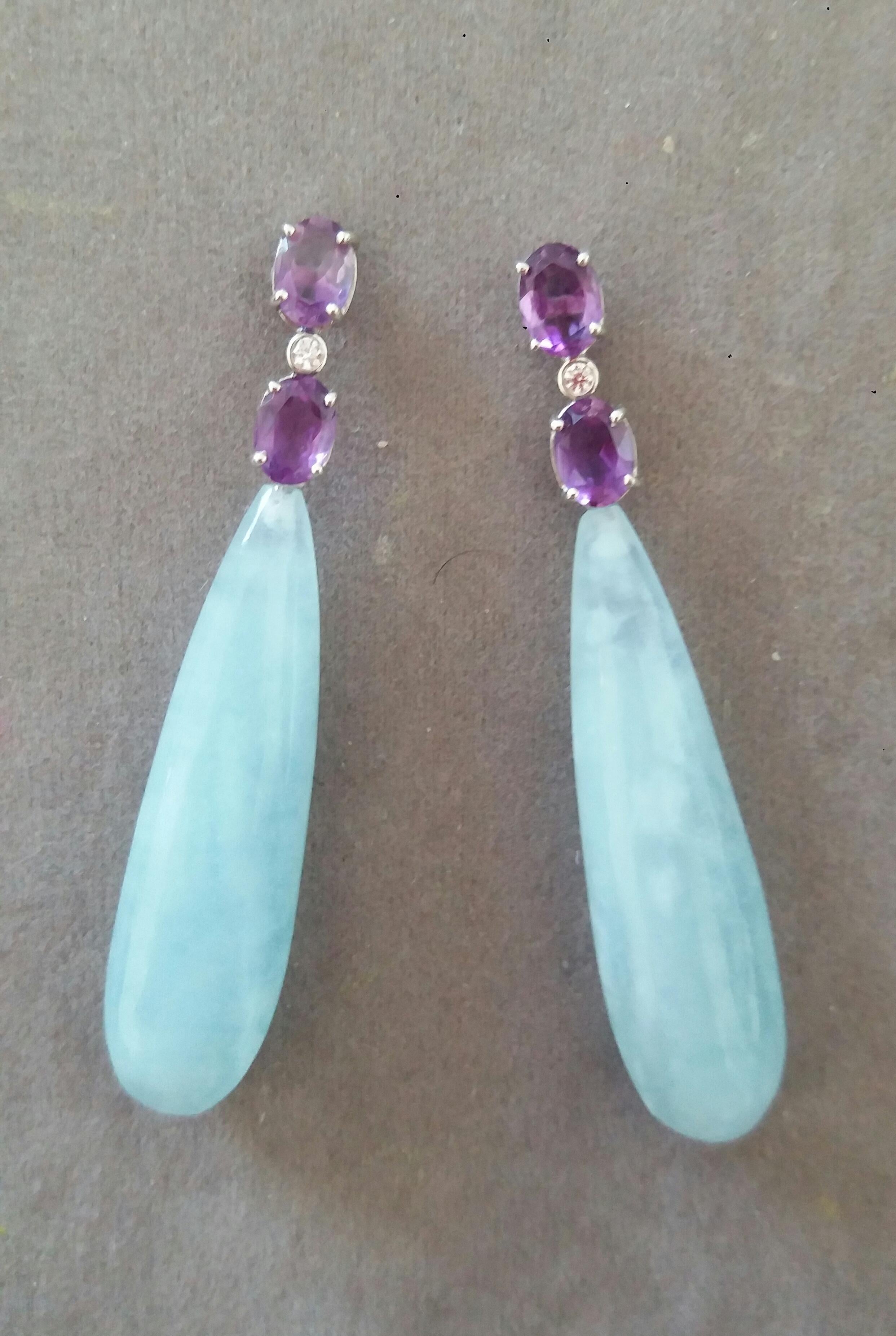 Mixed Cut 4 Oval Faceted Amethyst Gold Diamonds 2 Drop Shape Genuine Aquamarine Earrings For Sale