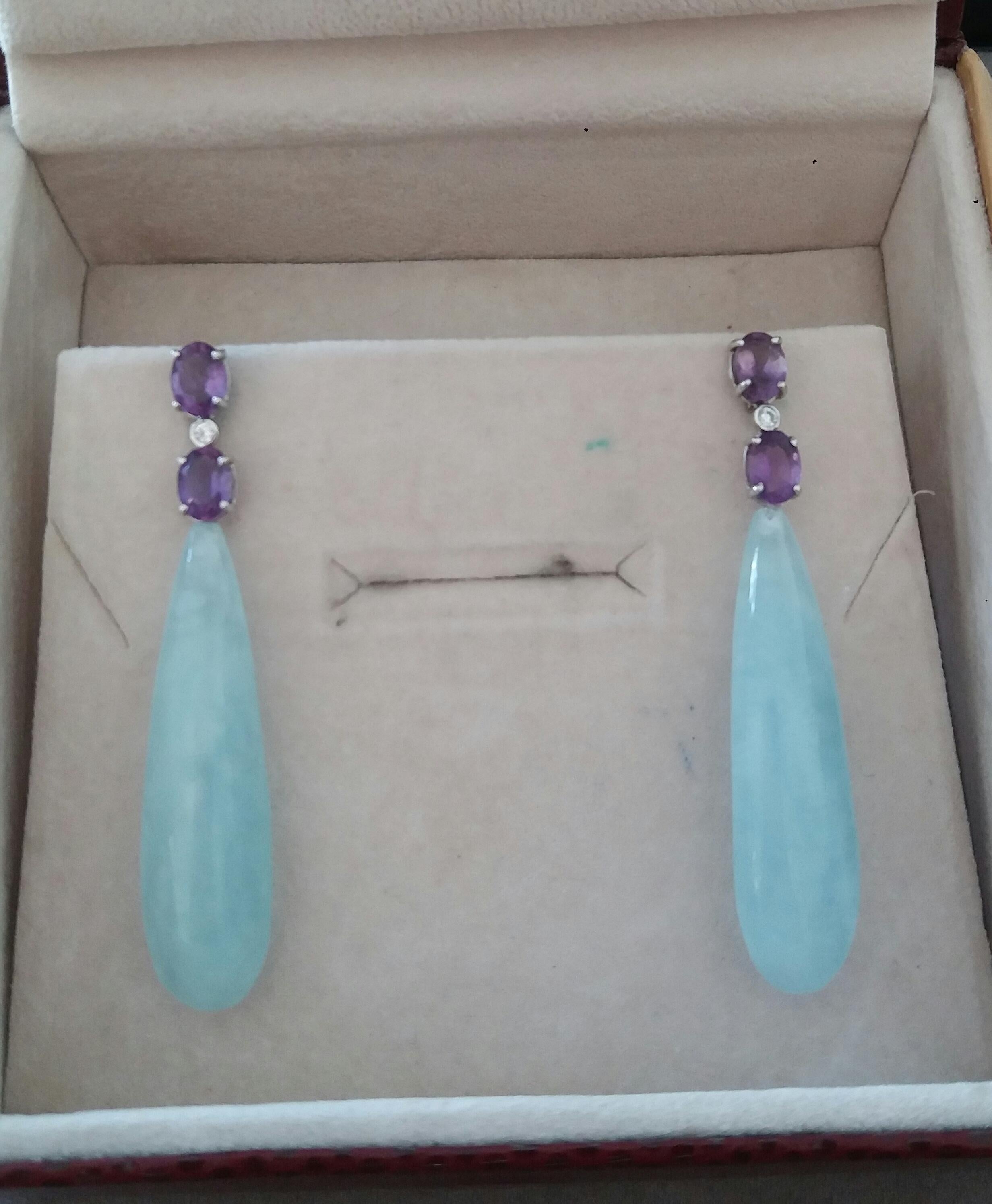 4 Oval Faceted Amethyst Gold Diamonds 2 Drop Shape Genuine Aquamarine Earrings For Sale 2