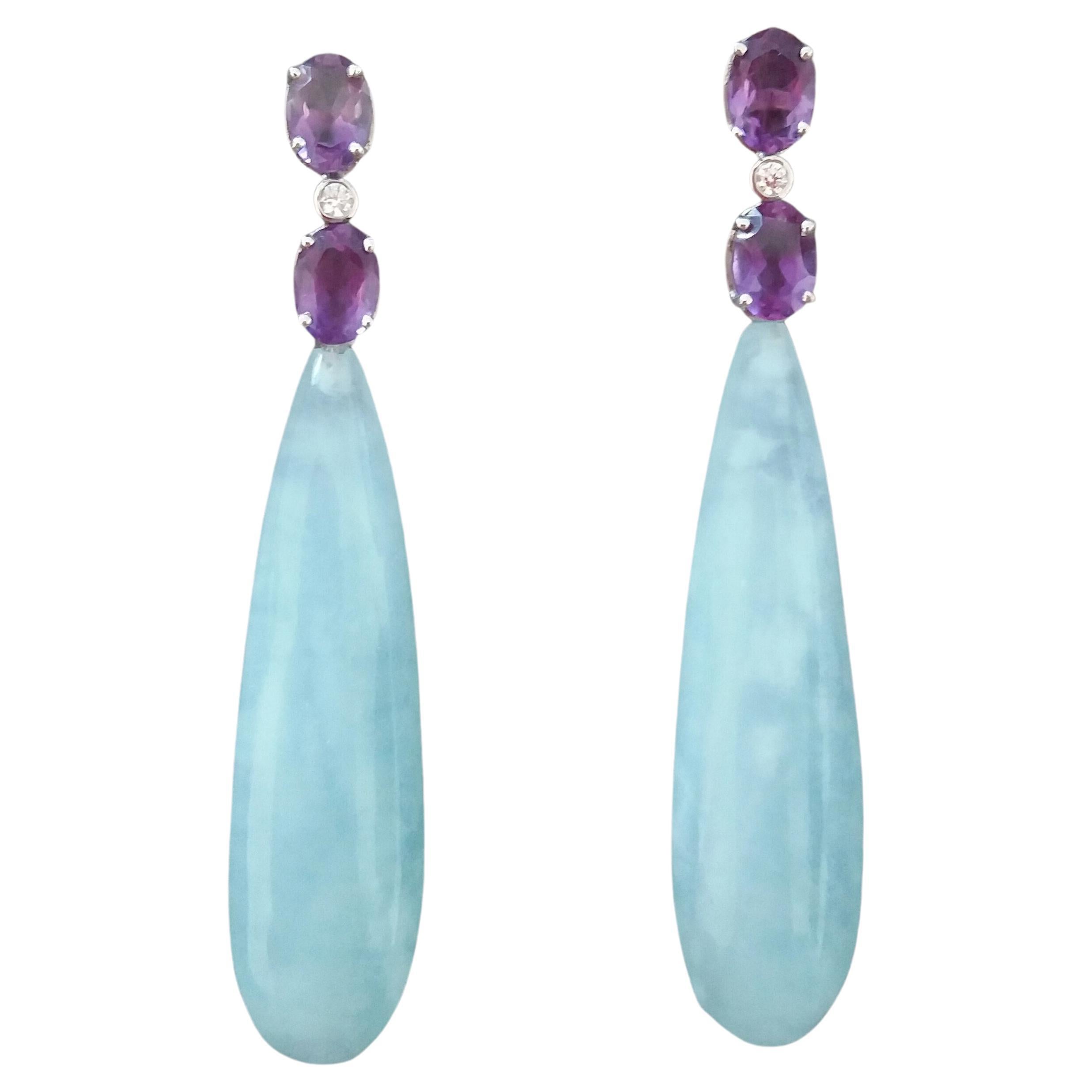 4 Oval Faceted Amethyst Gold Diamonds 2 Drop Shape Genuine Aquamarine Earrings For Sale