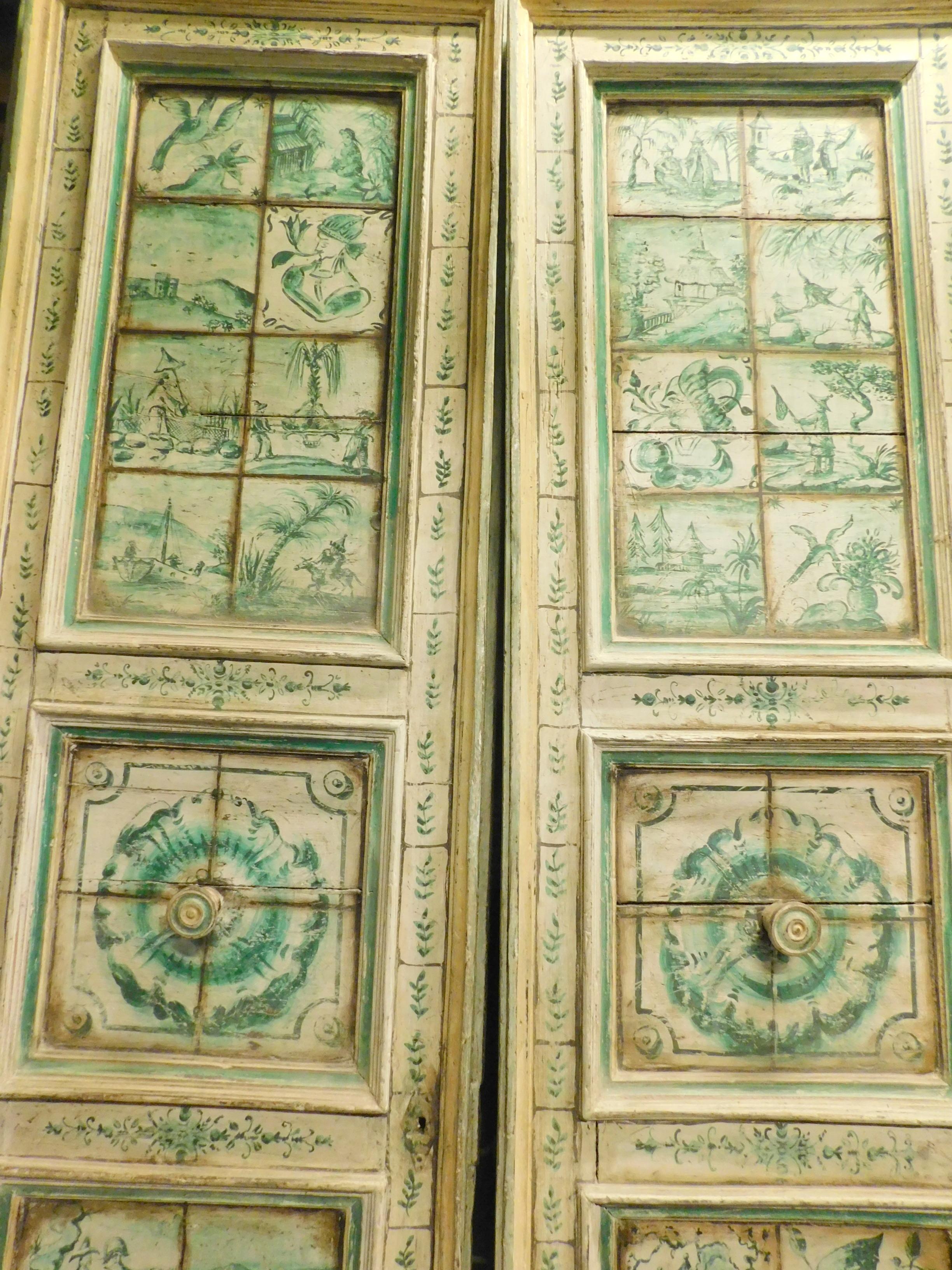 18th Century and Earlier 5 Pairs of Antiques Doors with Majolica Hand Paintings, Tuscany, Italy, 1700 For Sale