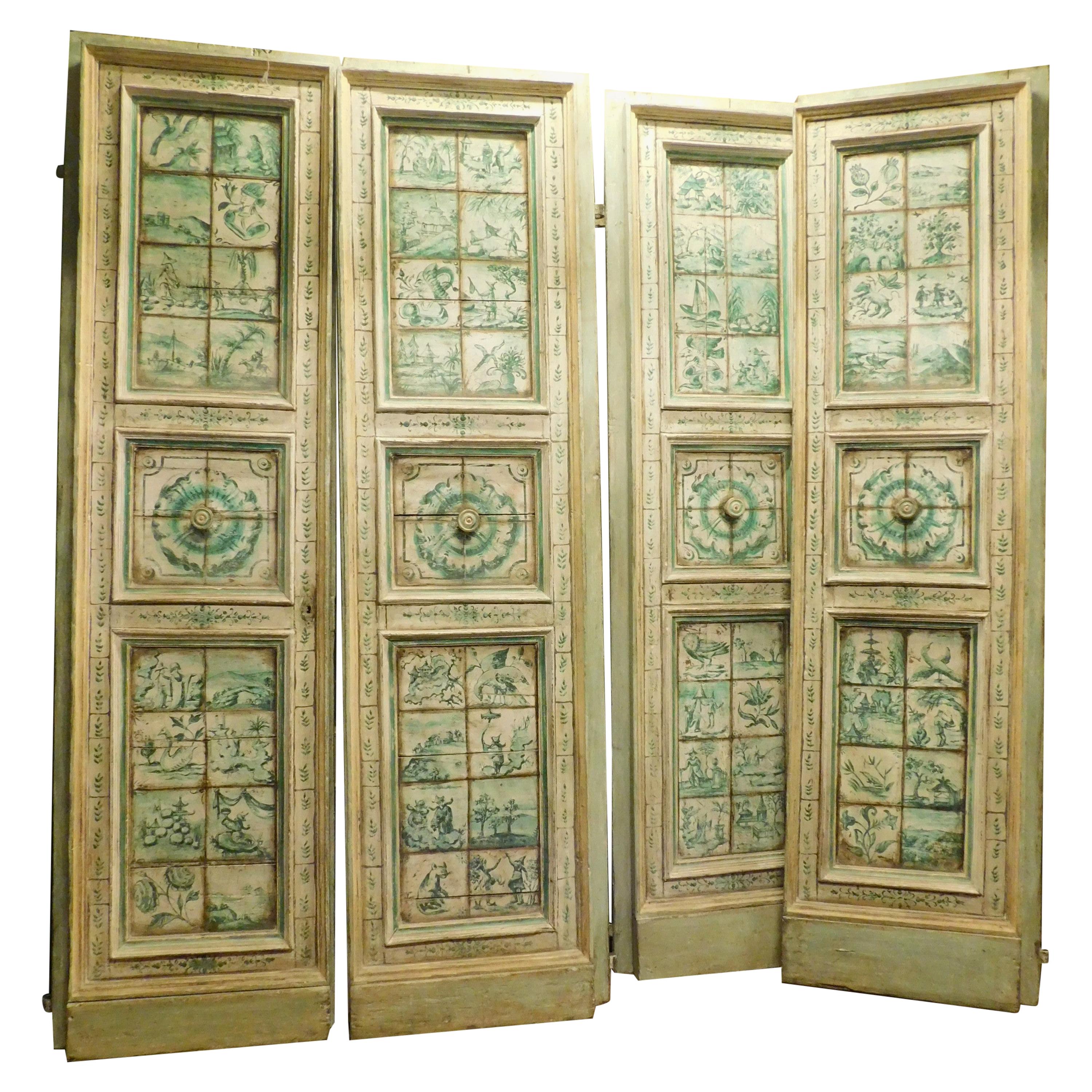 5 paires de portes anciennes avec peintures à la main en majolique, Toscane, Italie, 1700
